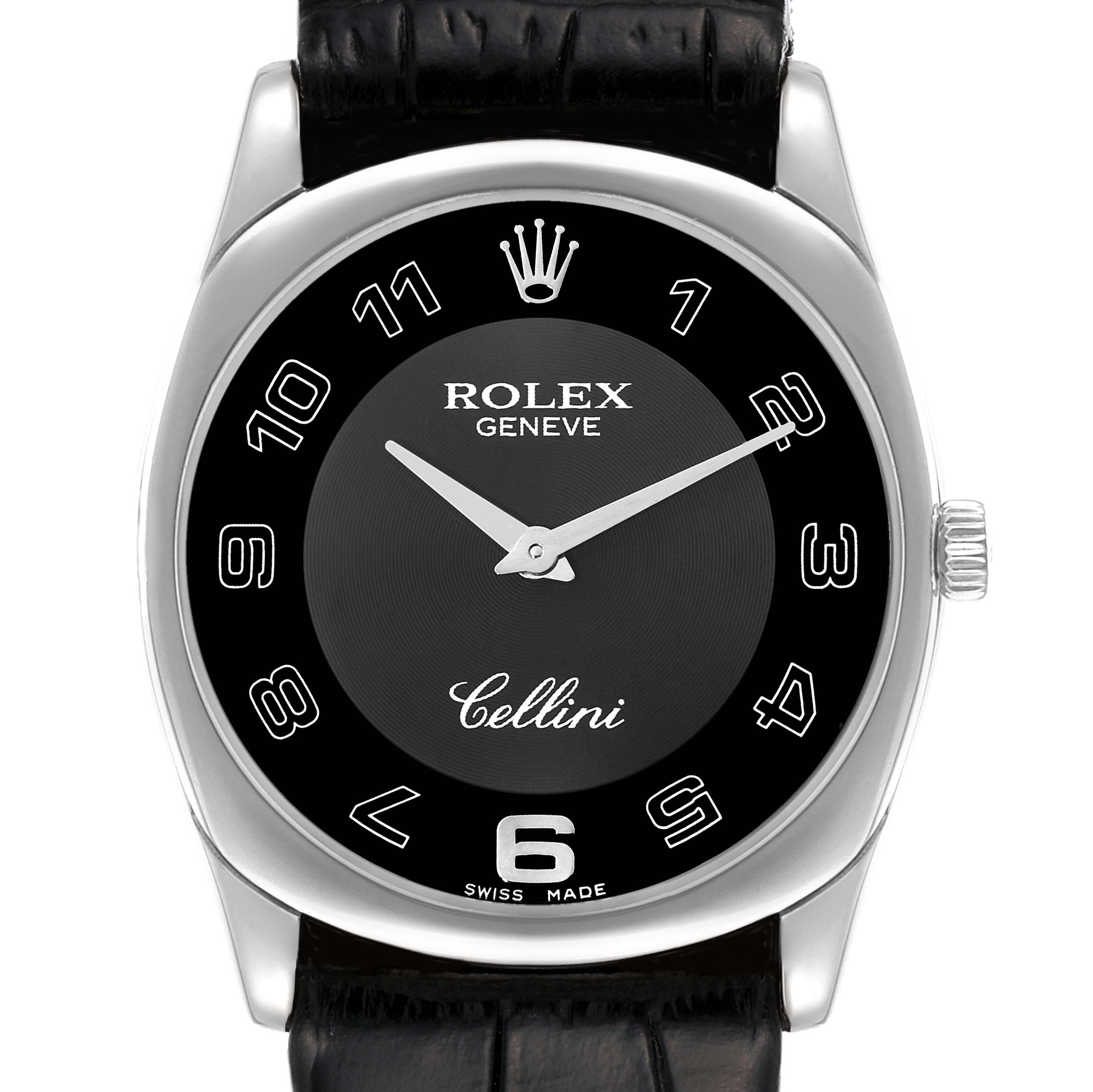 The image shows a frontal view of the Rolex Cellini 4233 Men
s White Gold Black Dial 4233 Men
s White Gold Black Dial watch displaying the dial, hands, crown, and strap.