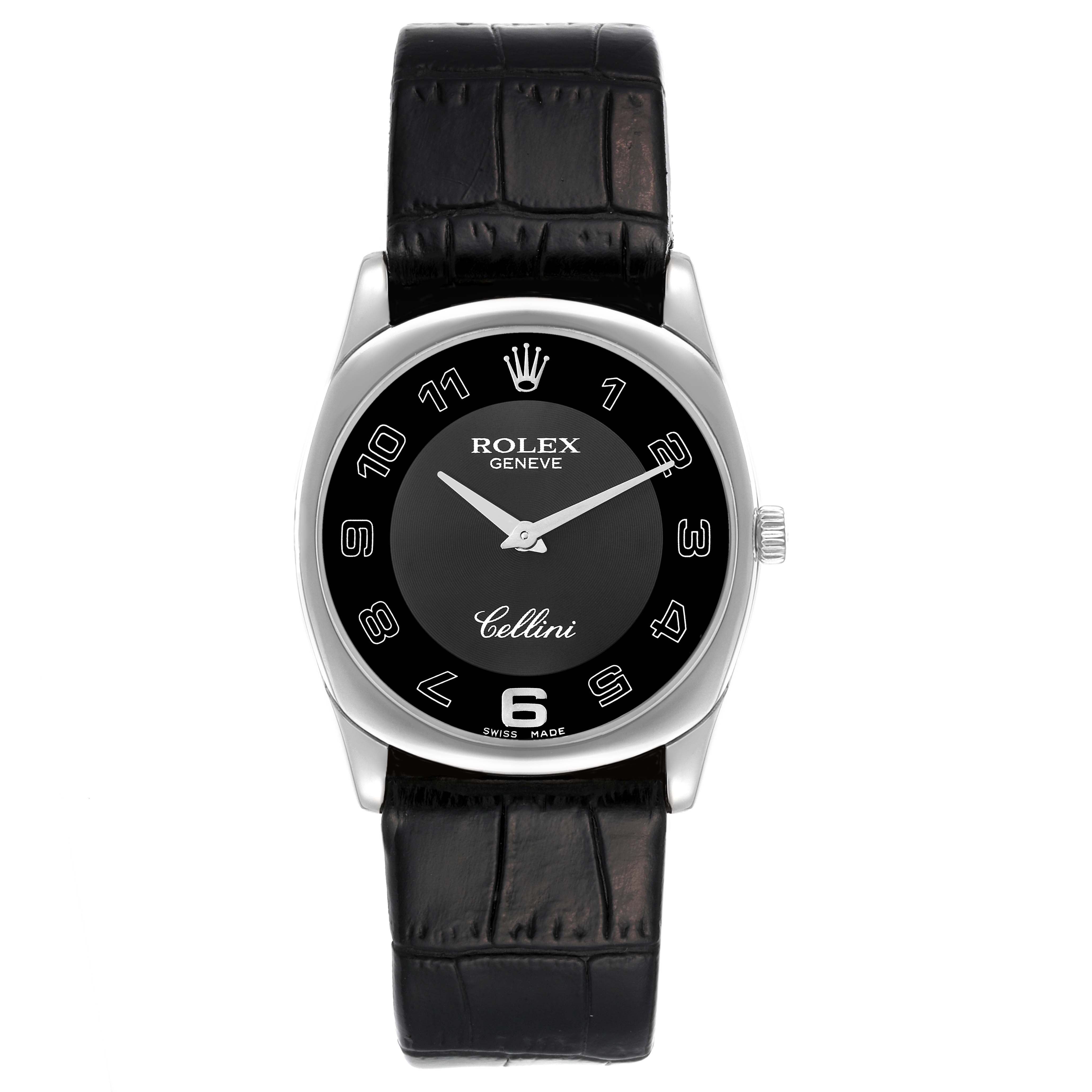 This Rolex Cellini 4233 Men
s White Gold Black Dial 4233 Men
s White Gold Black Dial watch is shown from the front, featuring its black dial, silver numerals, and black leather strap.