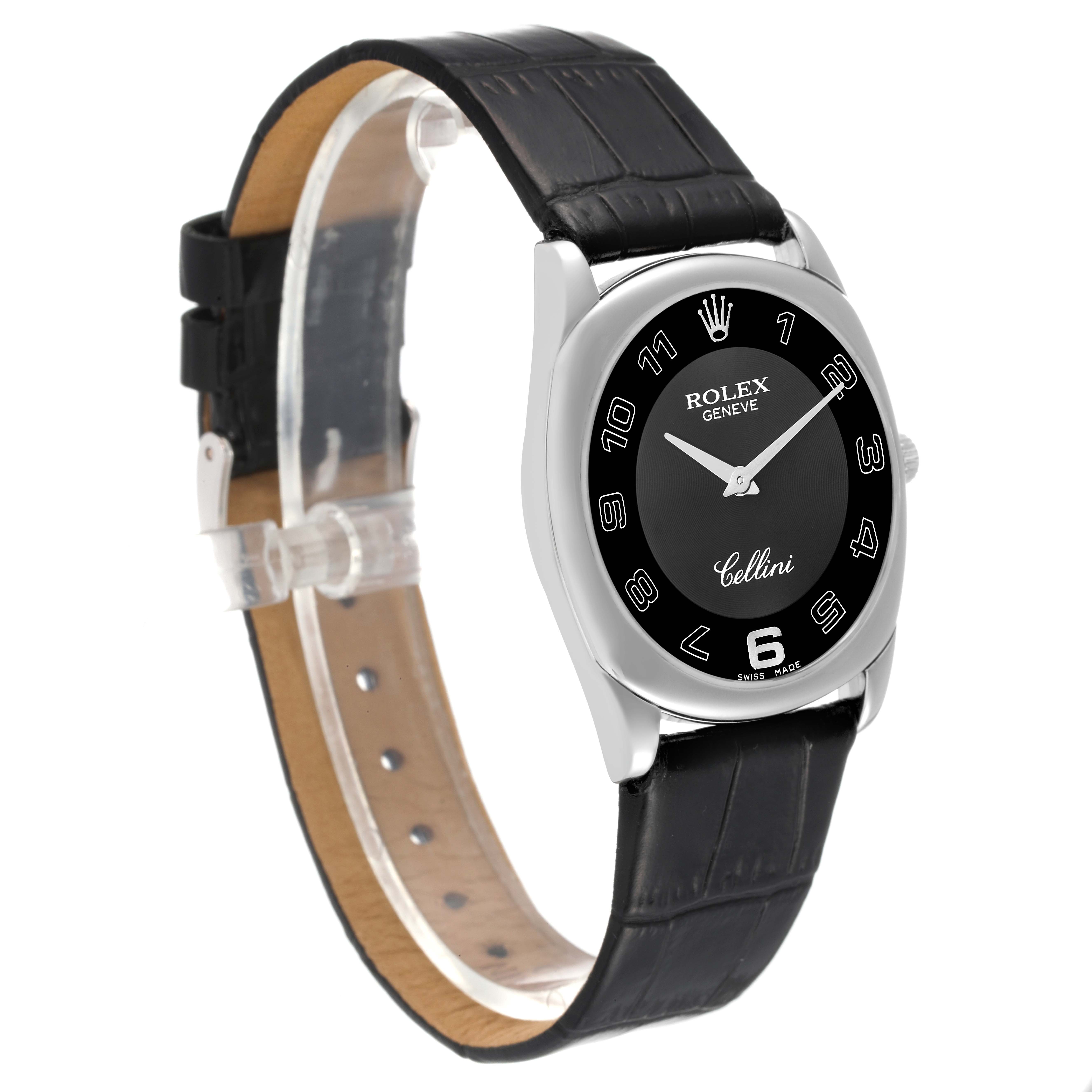 This image shows a Rolex Cellini 4233 Men
s White Gold Black Dial 4233 Men
s White Gold Black Dial watch from a front-left angle, highlighting its black dial, silver case, and black leather strap.