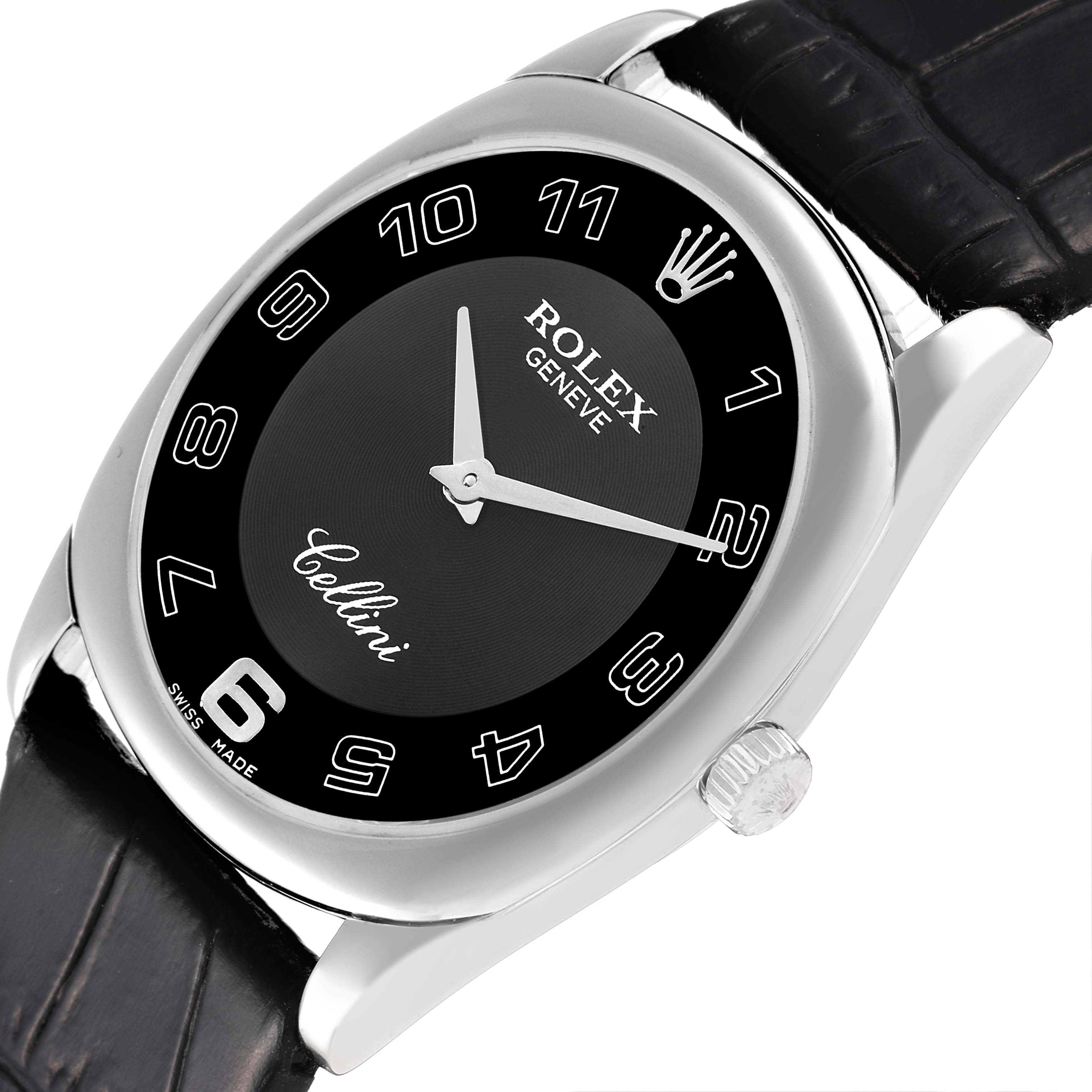 The image shows a close-up angled view of the Rolex Cellini 4233 Men
s White Gold Black Dial 4233 Men
s White Gold Black Dial watch face and part of the strap and crown.