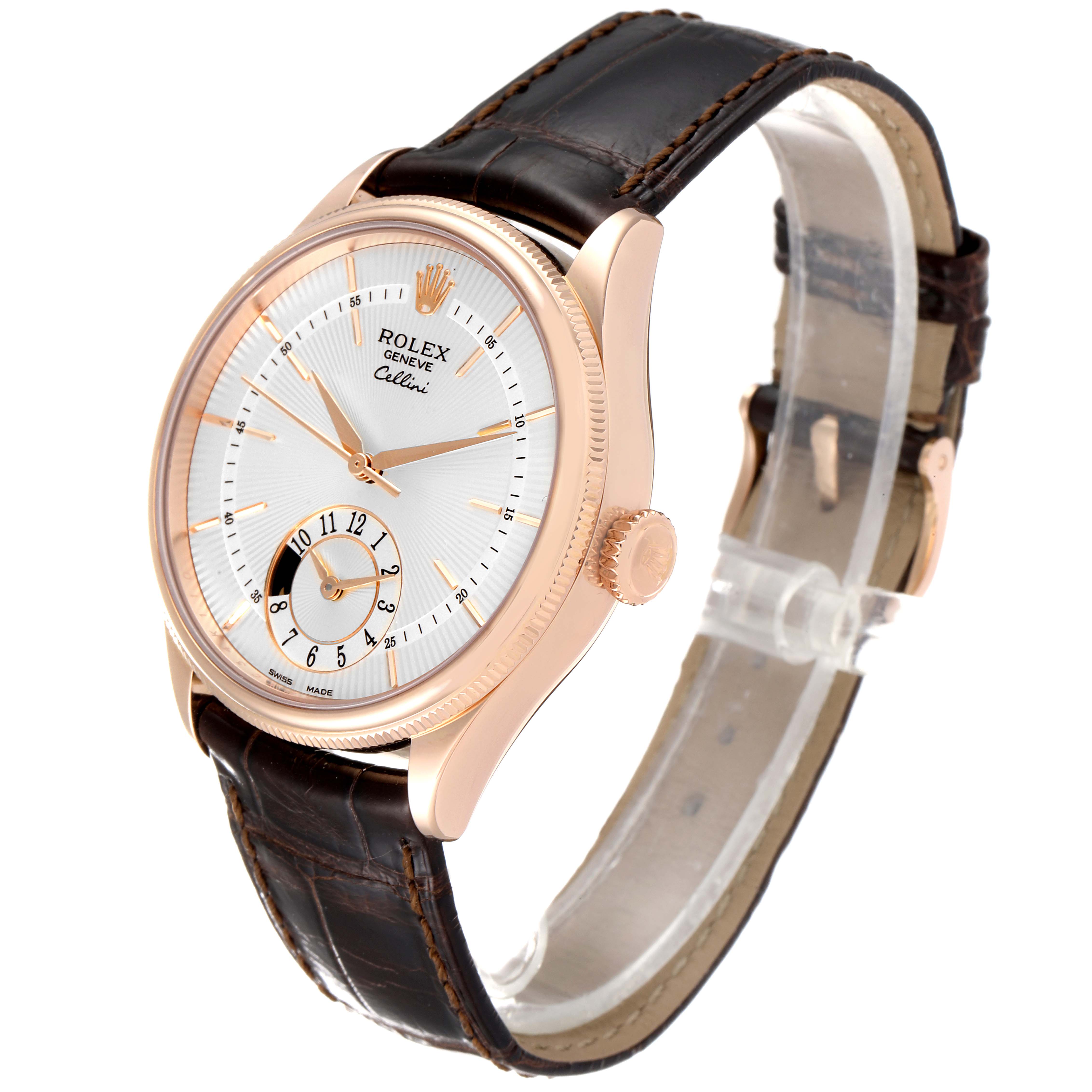 The Rolex Cellini 50525 Men's Rose Gold Silver Dial 50525 Men's Rose Gold Silver Dial watch is shown at a three-quarter angle, displaying the face, case, crown, and leather strap.