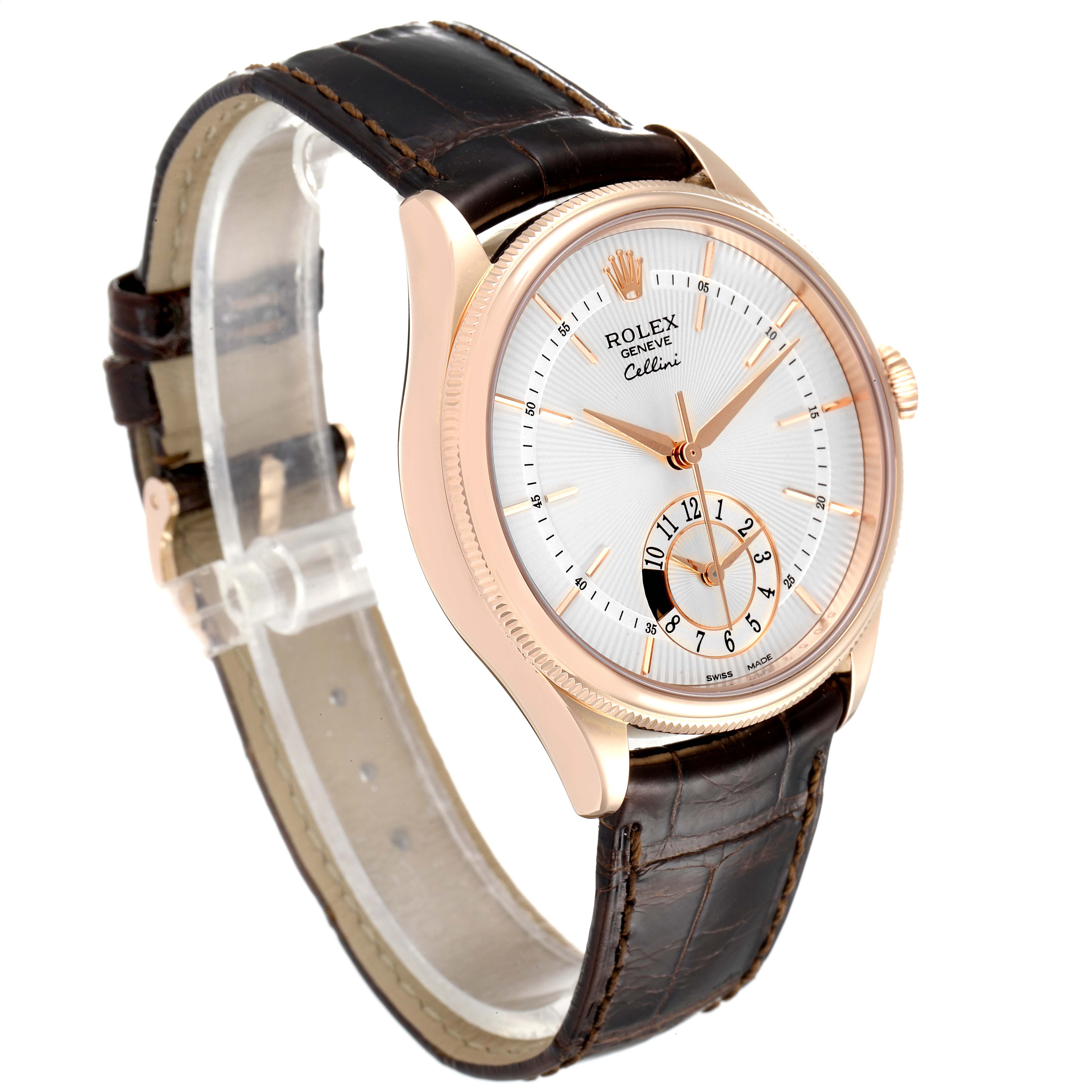 The Rolex Cellini 50525 Men's Rose Gold Silver Dial 50525 Men's Rose Gold Silver Dial watch is shown at a slight angle, displaying its face, crown, and leather strap.
