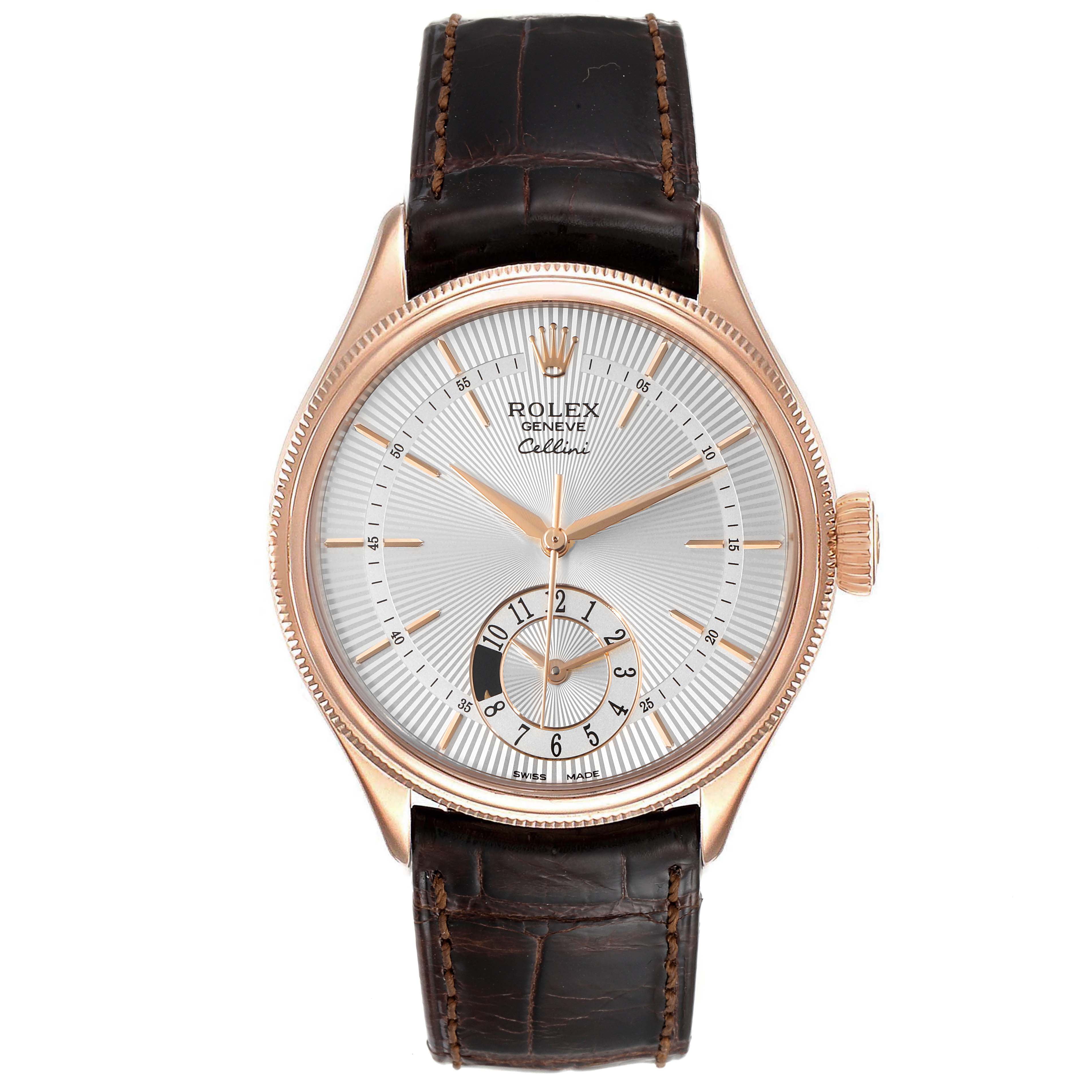 The image shows a front view of a Rolex Cellini 50525 Men's Rose Gold Silver Dial 50525 Men's Rose Gold Silver Dial watch with a round silver dial, rose gold case, and brown leather strap.