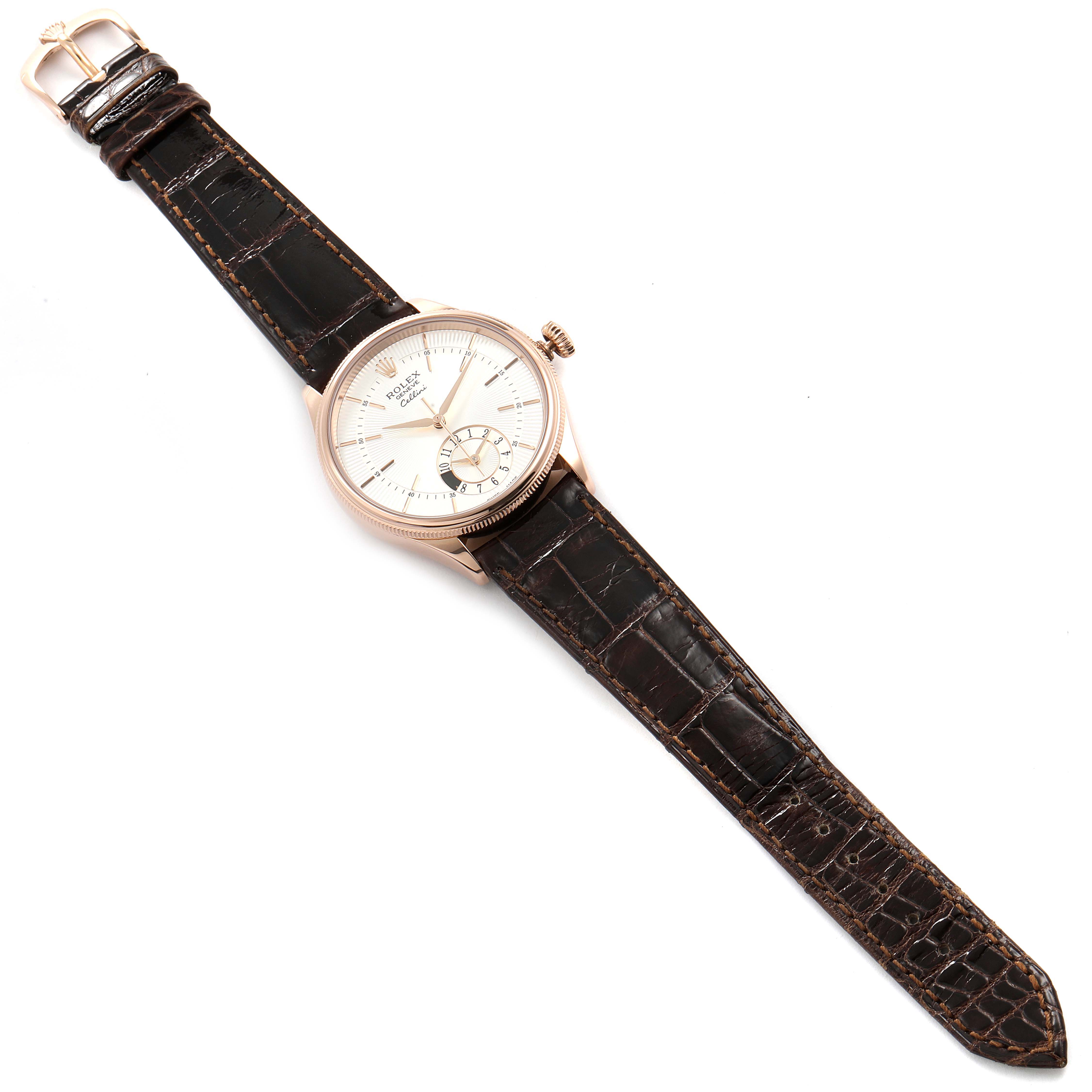 The Rolex Cellini 50525 Men's Rose Gold Silver Dial 50525 Men's Rose Gold Silver Dial watch is shown from the top, displaying the entire face, leather strap, and buckle.