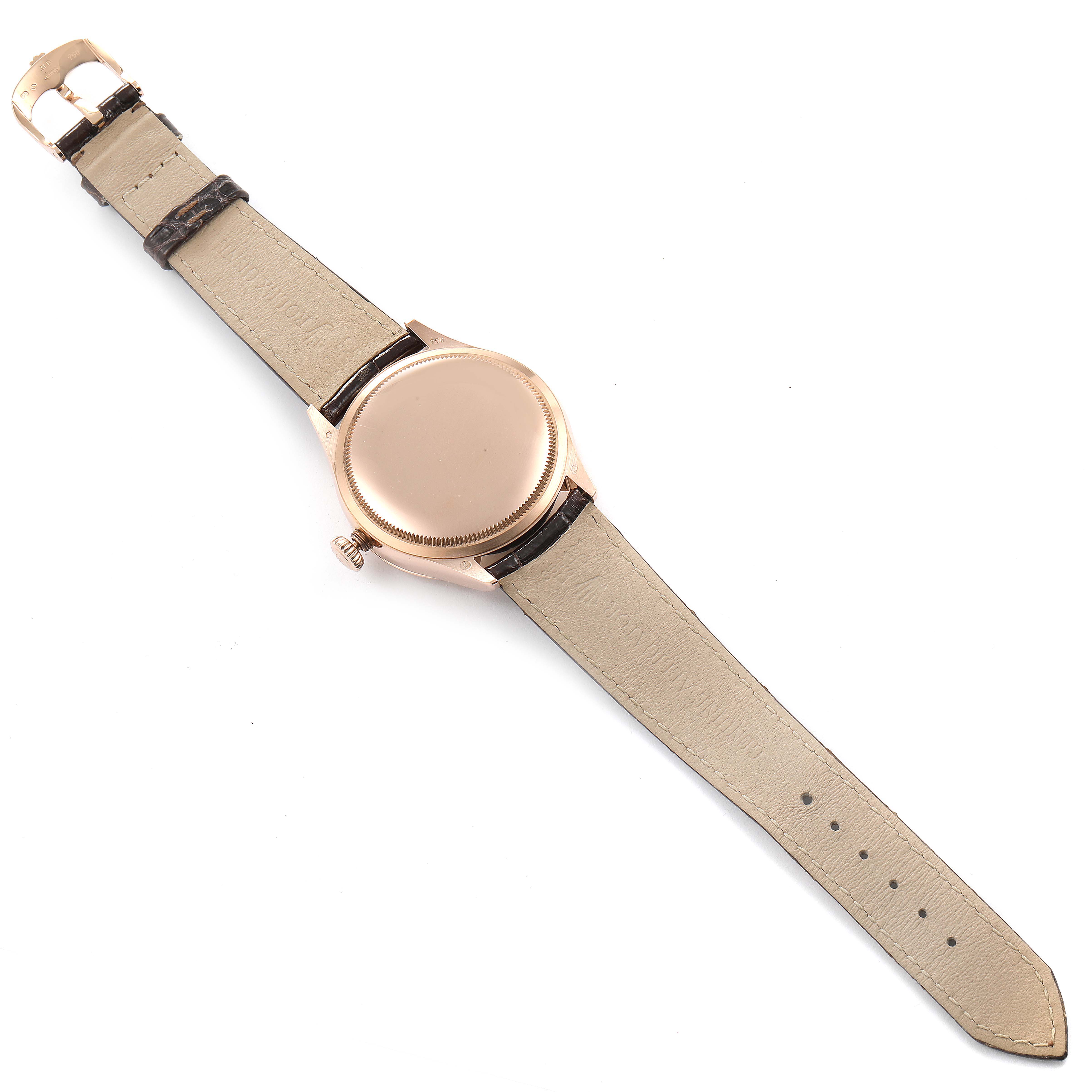 The image shows the back view of the Rolex Cellini 50525 Men's Rose Gold Silver Dial 50525 Men's Rose Gold Silver Dial watch, displaying its case back, strap, and buckle.