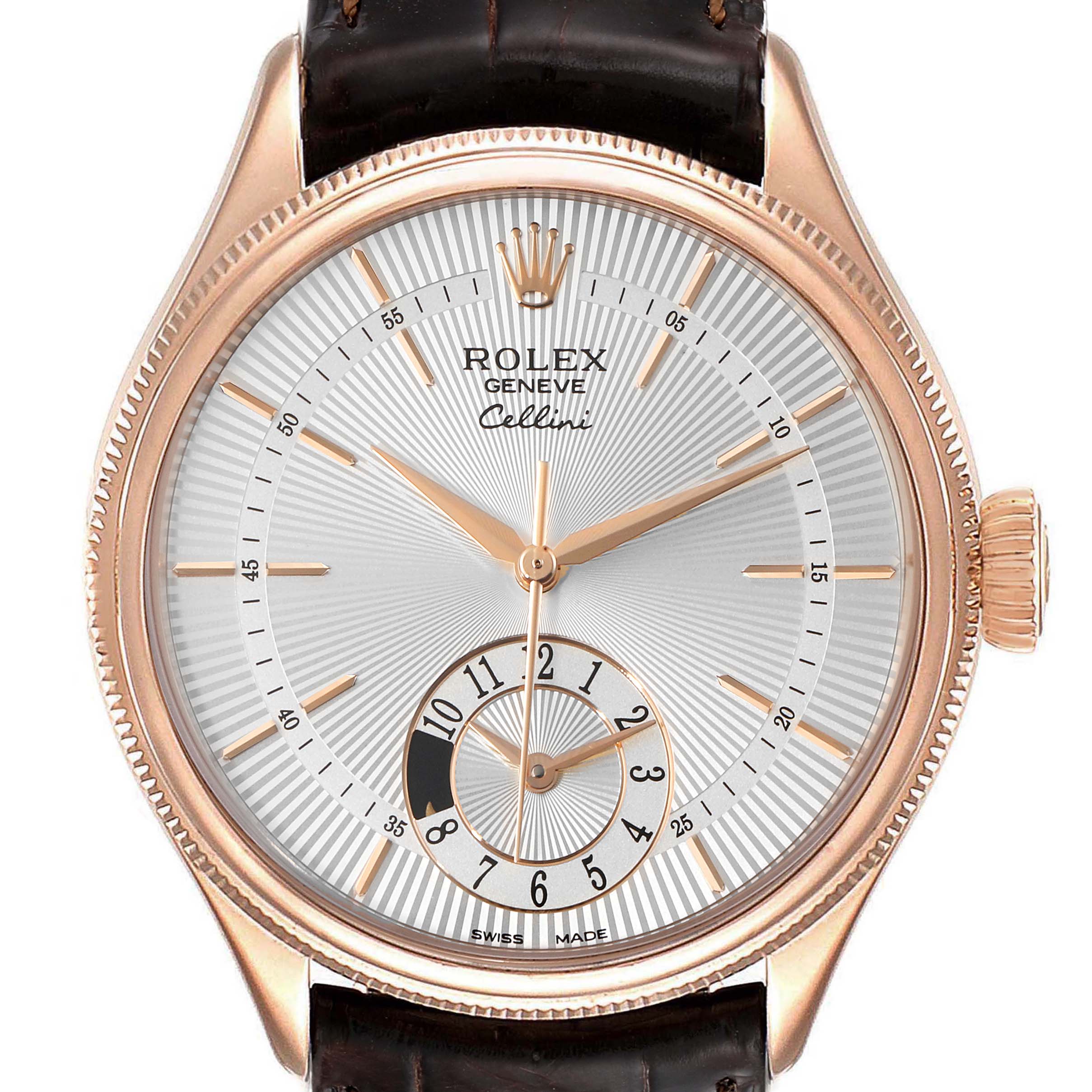 The image shows the face of the Rolex Cellini 50525 Men's Rose Gold Silver Dial 50525 Men's Rose Gold Silver Dial watch, highlighting its dial, hands, crown, and part of the leather strap.