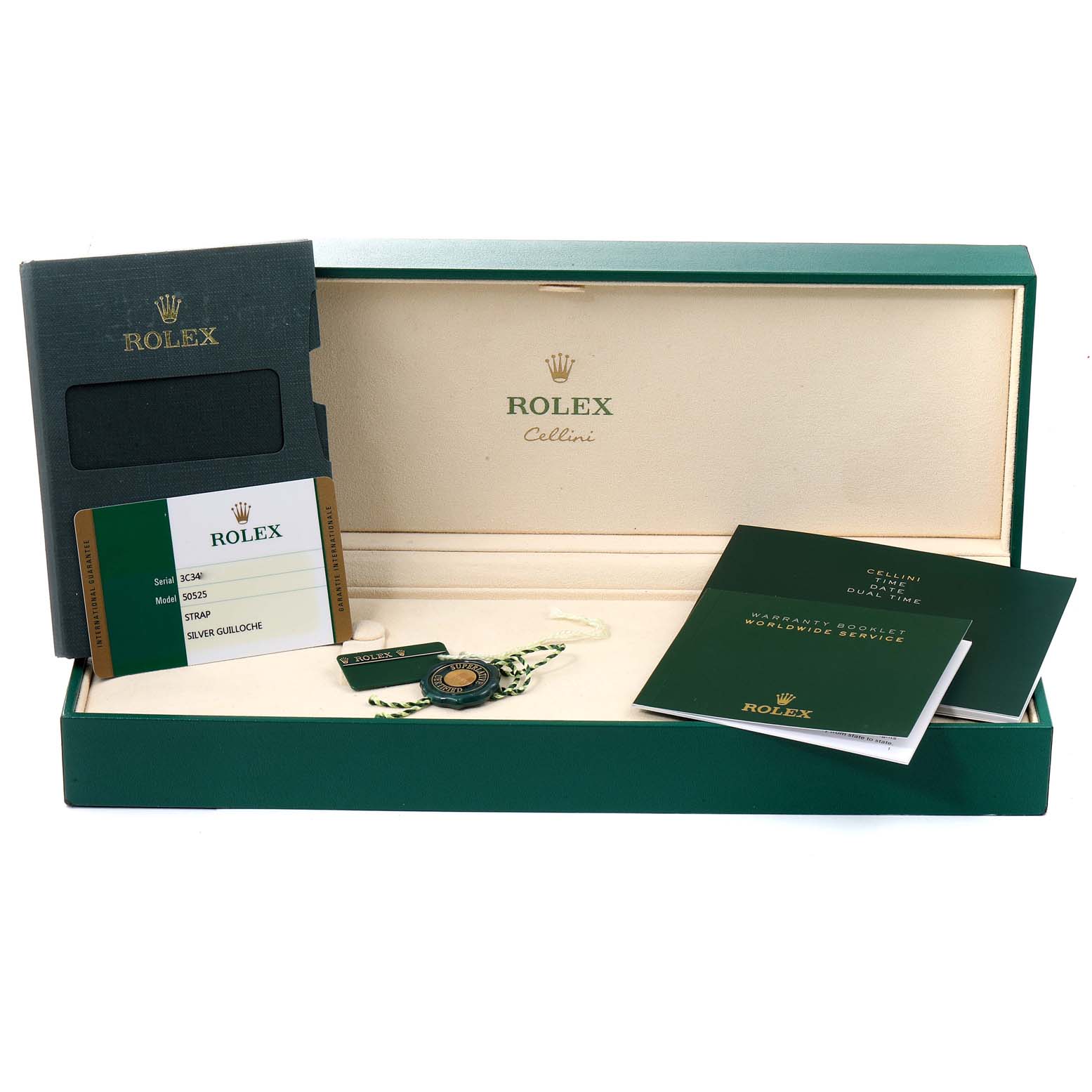 The image shows the packaging and accessories for a Rolex Cellini 50525 Men's Rose Gold Silver Dial 50525 Men's Rose Gold Silver Dial watch, including the box, booklets, warranty card, and a hang tag.