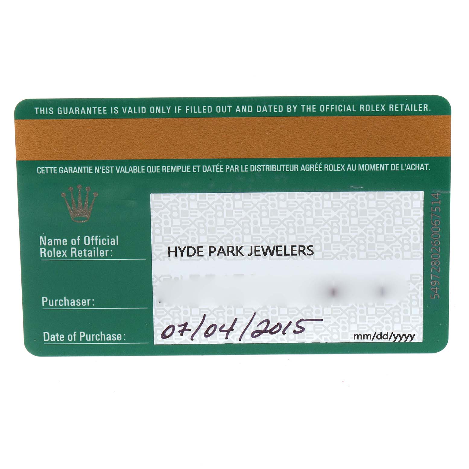 The image shows a warranty card for a Rolex Cellini 50525 Men's Rose Gold Silver Dial 50525 Men's Rose Gold Silver Dial watch from Hyde Park Jewelers, dated 07/04/2015.