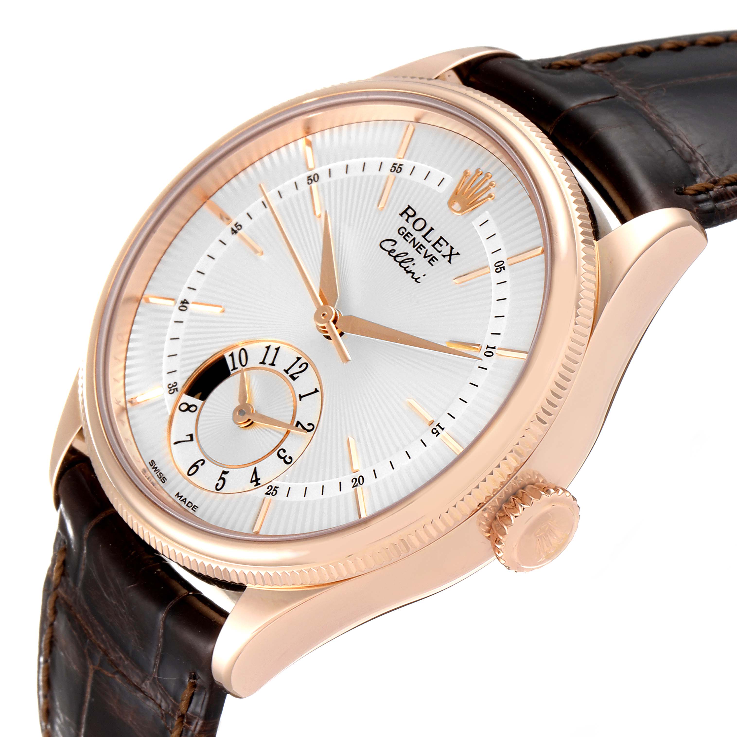 The Rolex Cellini 50525 Men's Rose Gold Silver Dial 50525 Men's Rose Gold Silver Dial watch is shown at a slight angle, displaying the crown, case, dial, and part of the brown leather strap.
