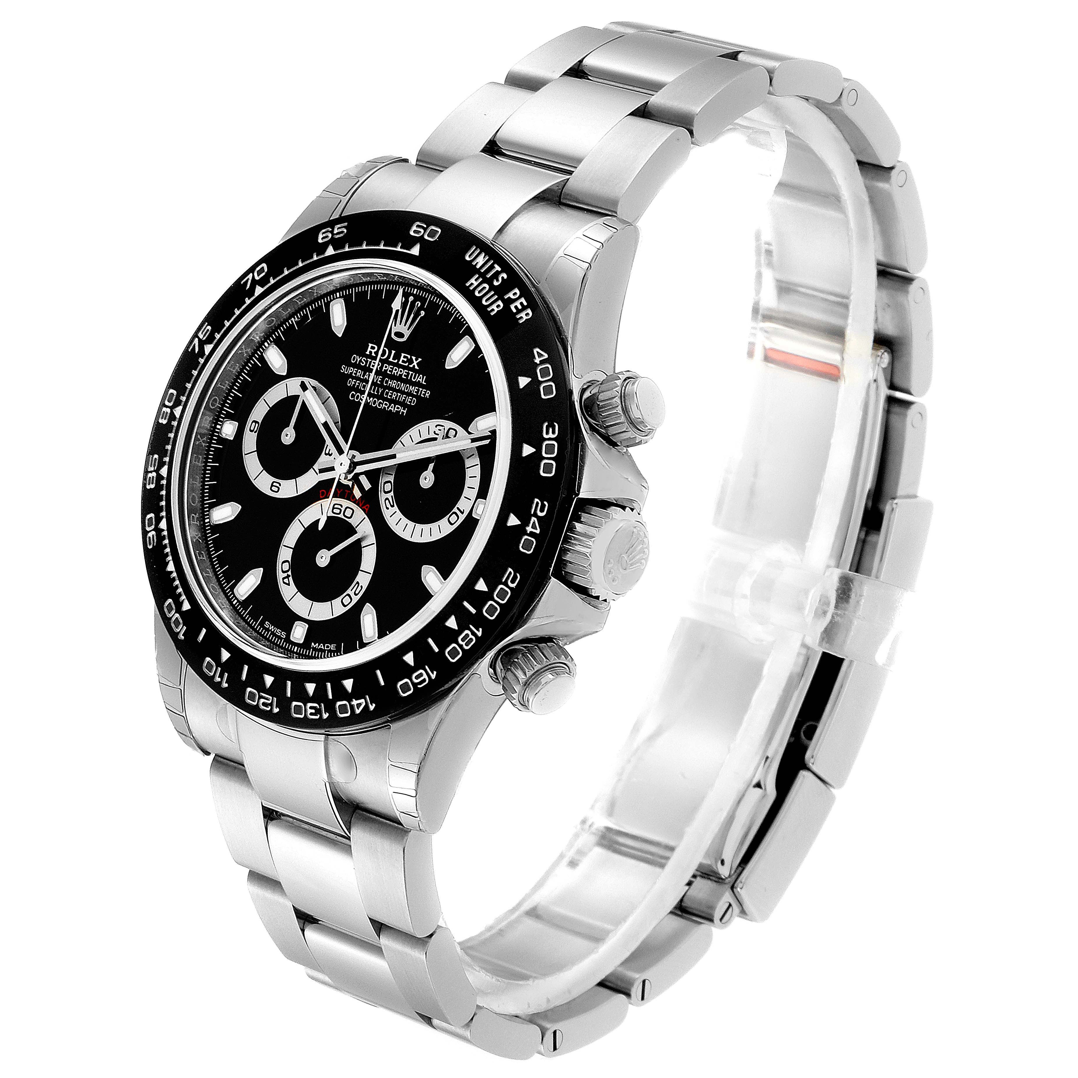 The image shows a Rolex Daytona 116500 Men's Stainless Steel Black Dial 116500 Men's Stainless Steel Black Dial watch at a three-quarter angle, focusing on the dial, bezel, and bracelet.