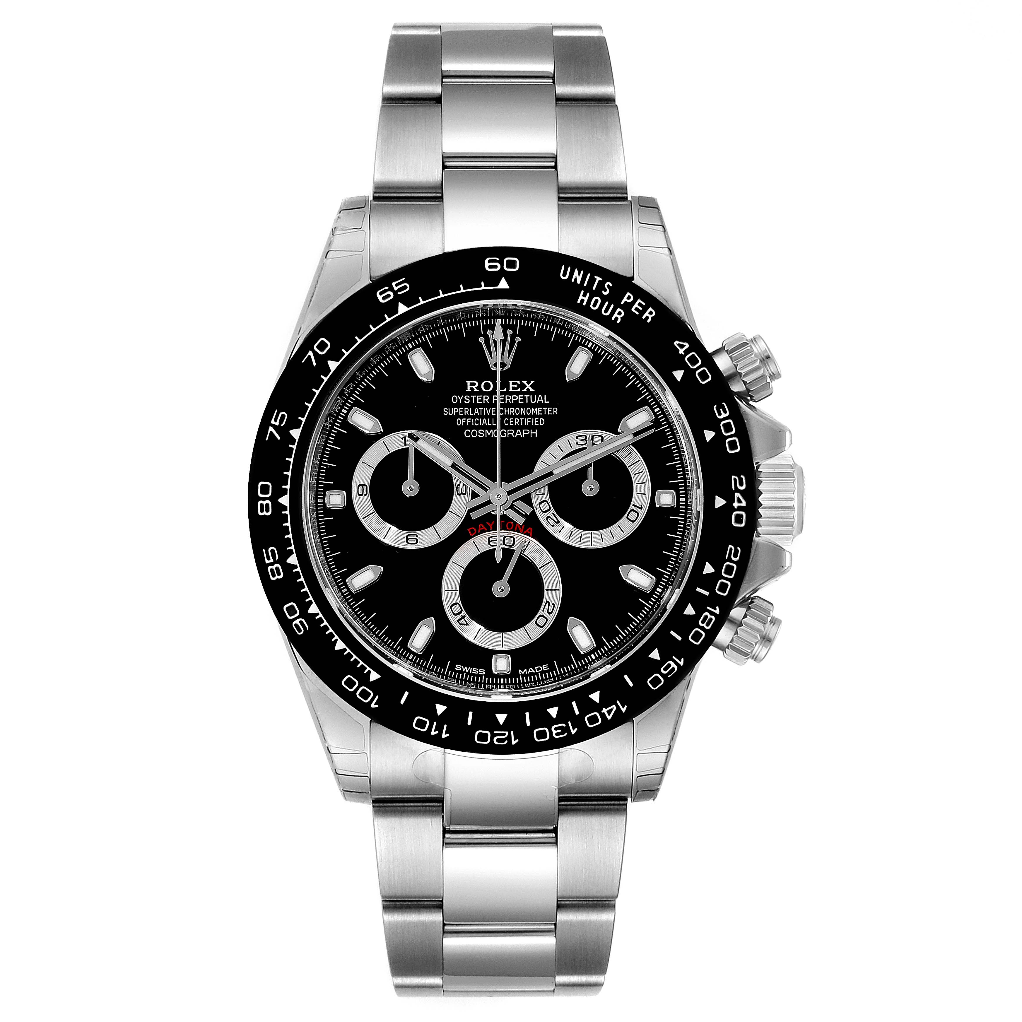 The image shows a front view of the Rolex Daytona 116500 Men's Stainless Steel Black Dial 116500 Men's Stainless Steel Black Dial watch, highlighting its black dial, chronograph subdials, and stainless steel bracelet.