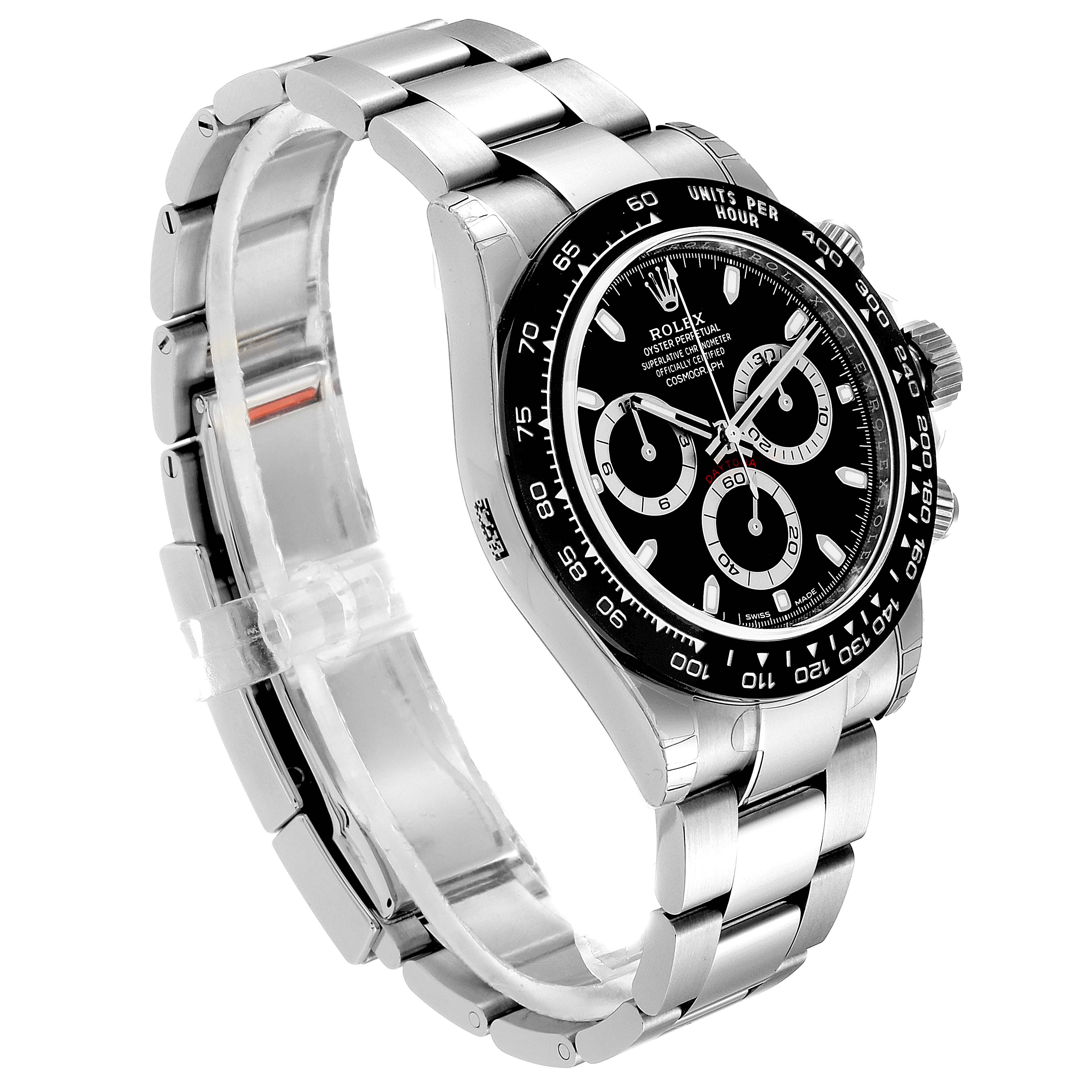 The image shows a side-angle view of a Rolex Daytona 116500 Men's Stainless Steel Black Dial 116500 Men's Stainless Steel Black Dial watch, highlighting its metal bracelet, bezel, and chronograph sub-dials.