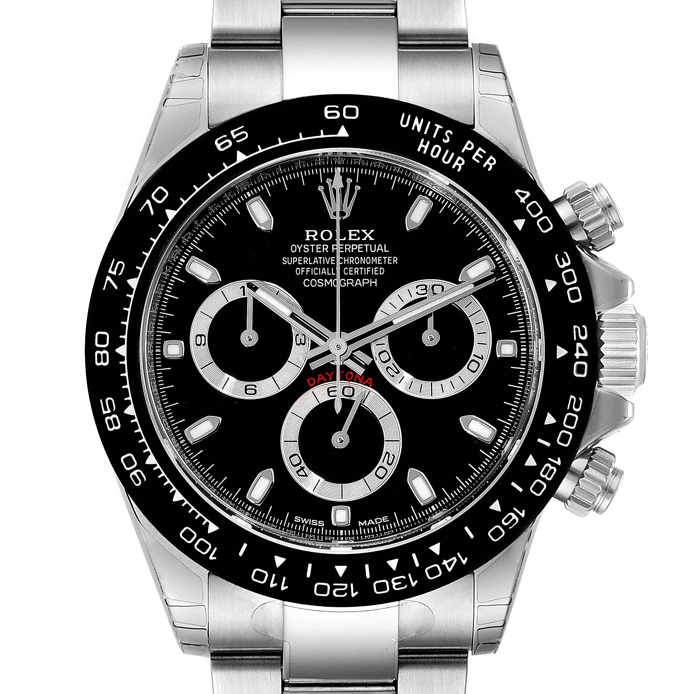 The image shows a frontal view of a Rolex Daytona 116500 Men's Stainless Steel Black Dial 116500 Men's Stainless Steel Black Dial, displaying the watch face, sub-dials, bezel, and part of the bracelet.