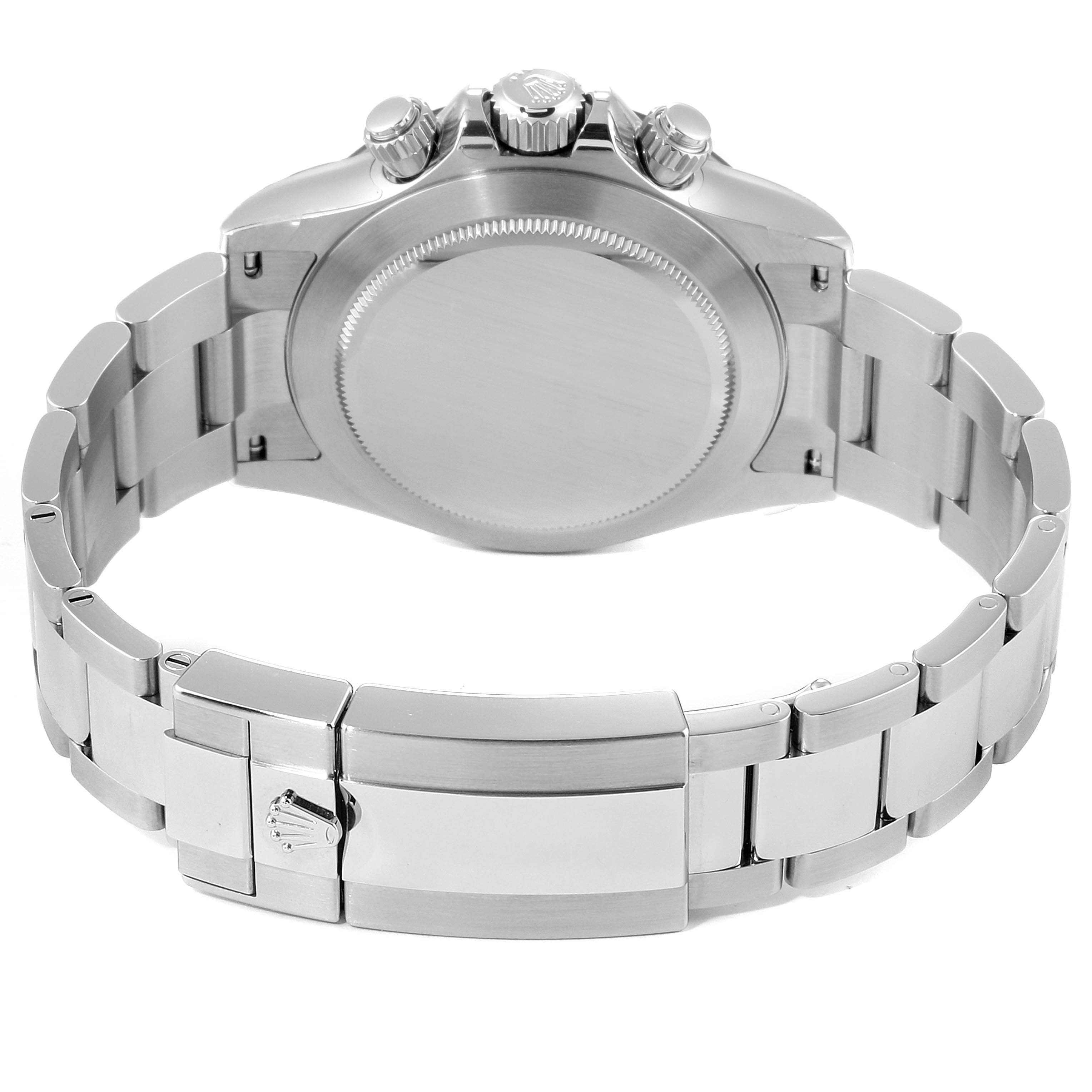 This image shows the back case and bracelet of a Rolex Daytona 116500 Men's Stainless Steel Black Dial 116500 Men's Stainless Steel Black Dial watch.