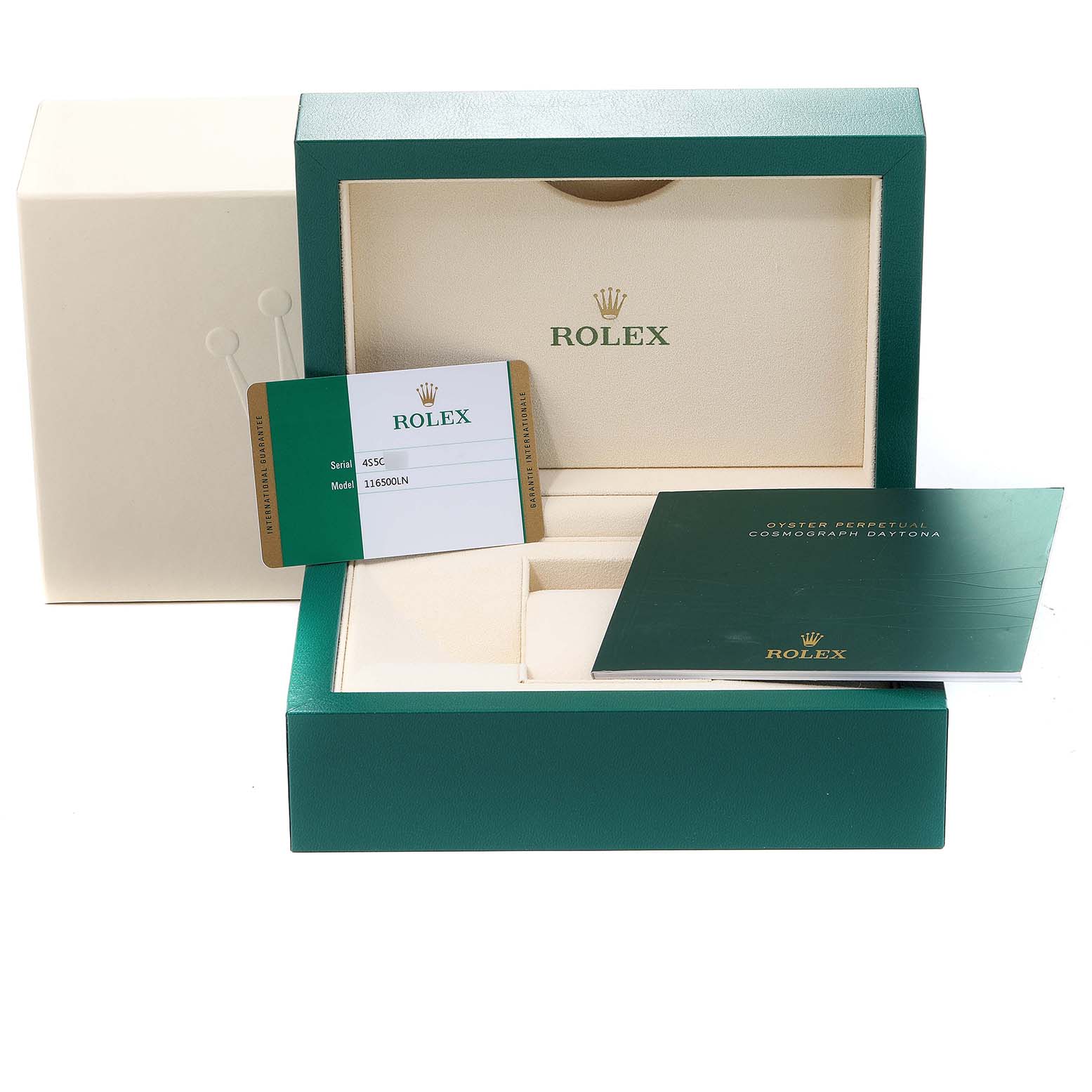 The image shows the packaging, user manual, and warranty card for a Rolex Daytona 116500 Men's Stainless Steel Black Dial 116500 Men's Stainless Steel Black Dial watch, with the box partially open.