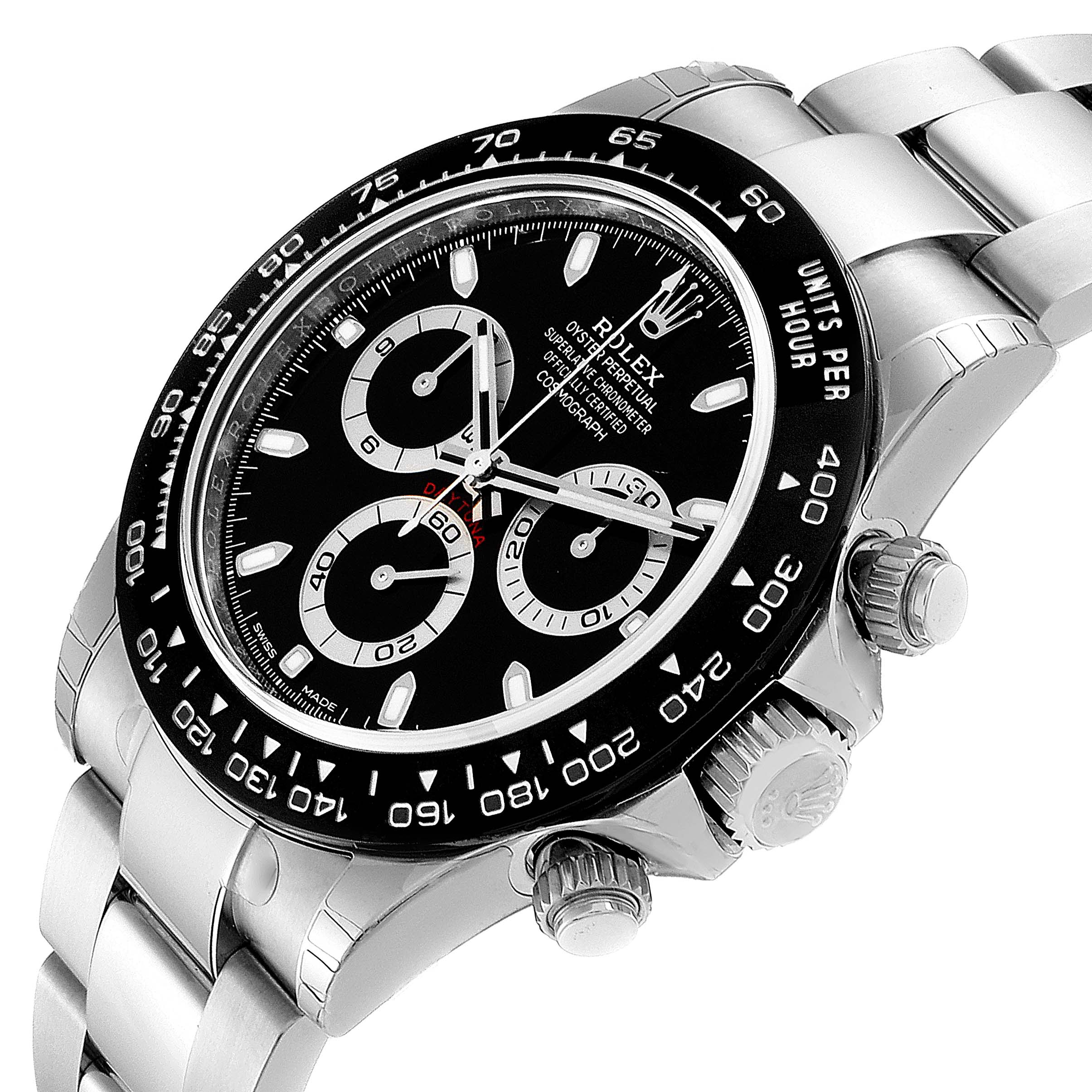 The image shows a close-up angle of a Rolex Daytona 116500 Men's Stainless Steel Black Dial 116500 Men's Stainless Steel Black Dial watch, highlighting the bezel, dial, subdials, and part of the bracelet.