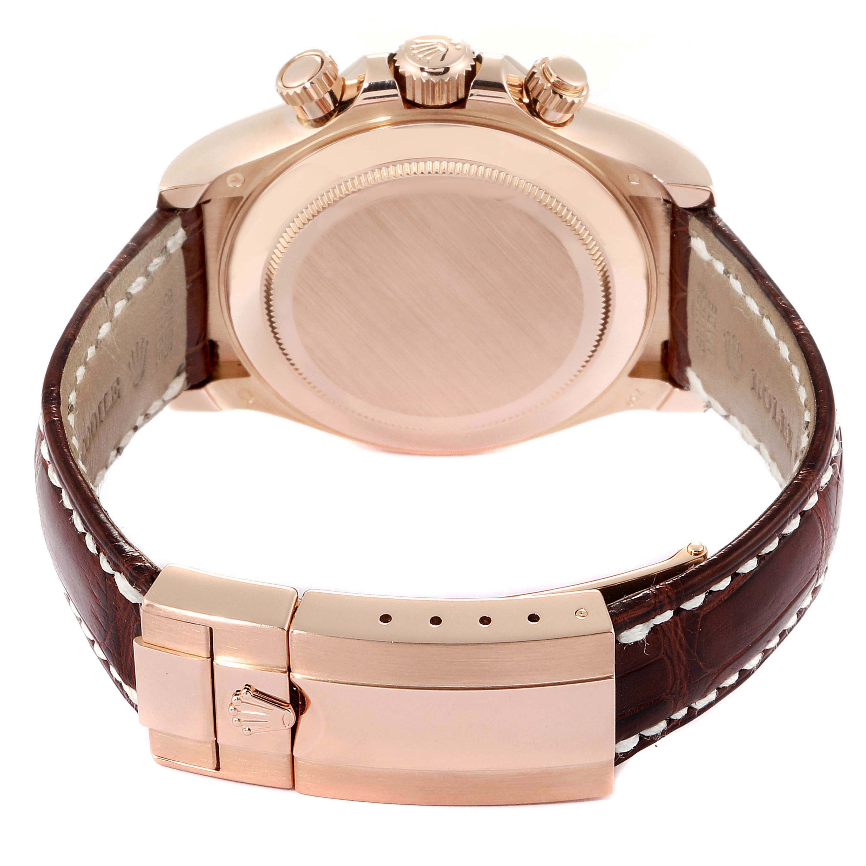 The image shows the back and side of a Rolex Daytona 116515LN Men's Rose Gold Brown Dial 116515LN Men's Rose Gold Brown Dial watch, highlighting the case, crown, pushers, and leather strap with buckle.