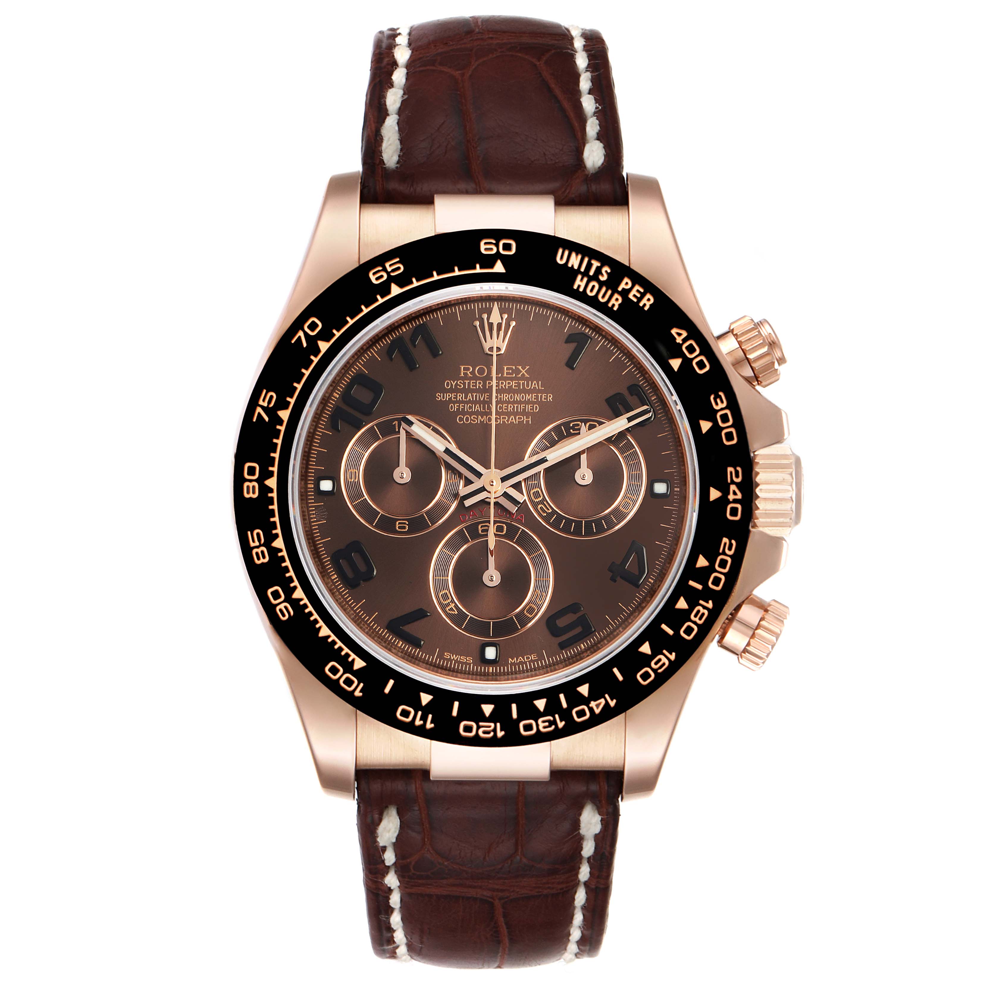 The image shows a frontal view of a Rolex Daytona 116515LN Men's Rose Gold Brown Dial 116515LN Men's Rose Gold Brown Dial watch with a brown leather strap and a black bezel.
