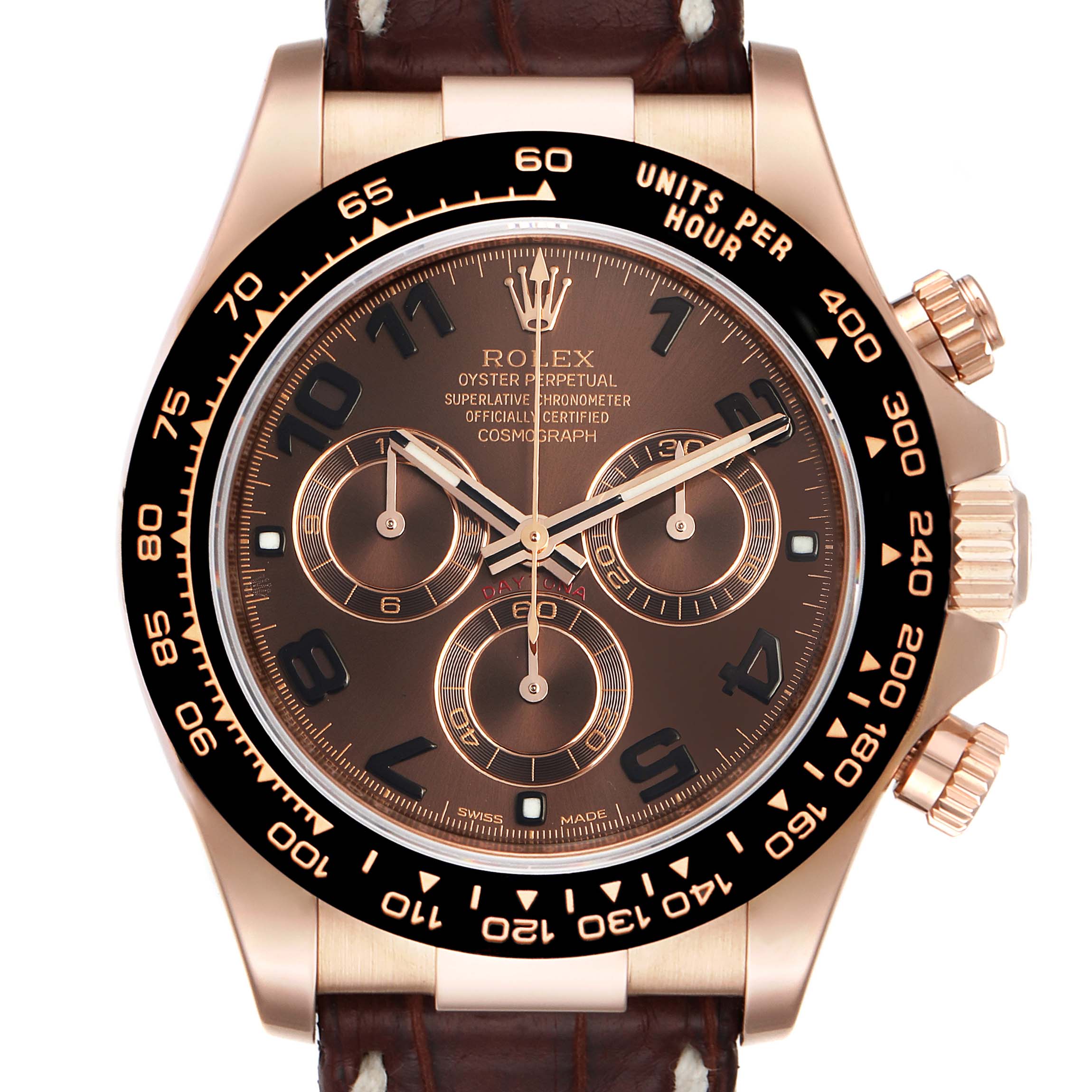 The image shows a frontal view of a Rolex Daytona 116515LN Men's Rose Gold Brown Dial 116515LN Men's Rose Gold Brown Dial watch with a brown dial and a leather strap.