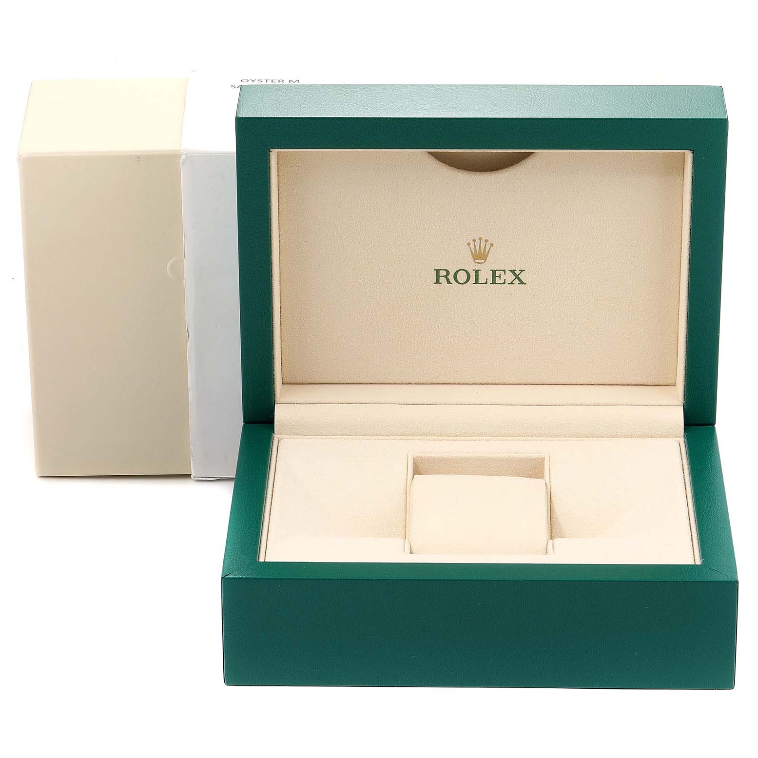 The image shows an open Rolex watch box for the Daytona model, with its green exterior and beige interior.