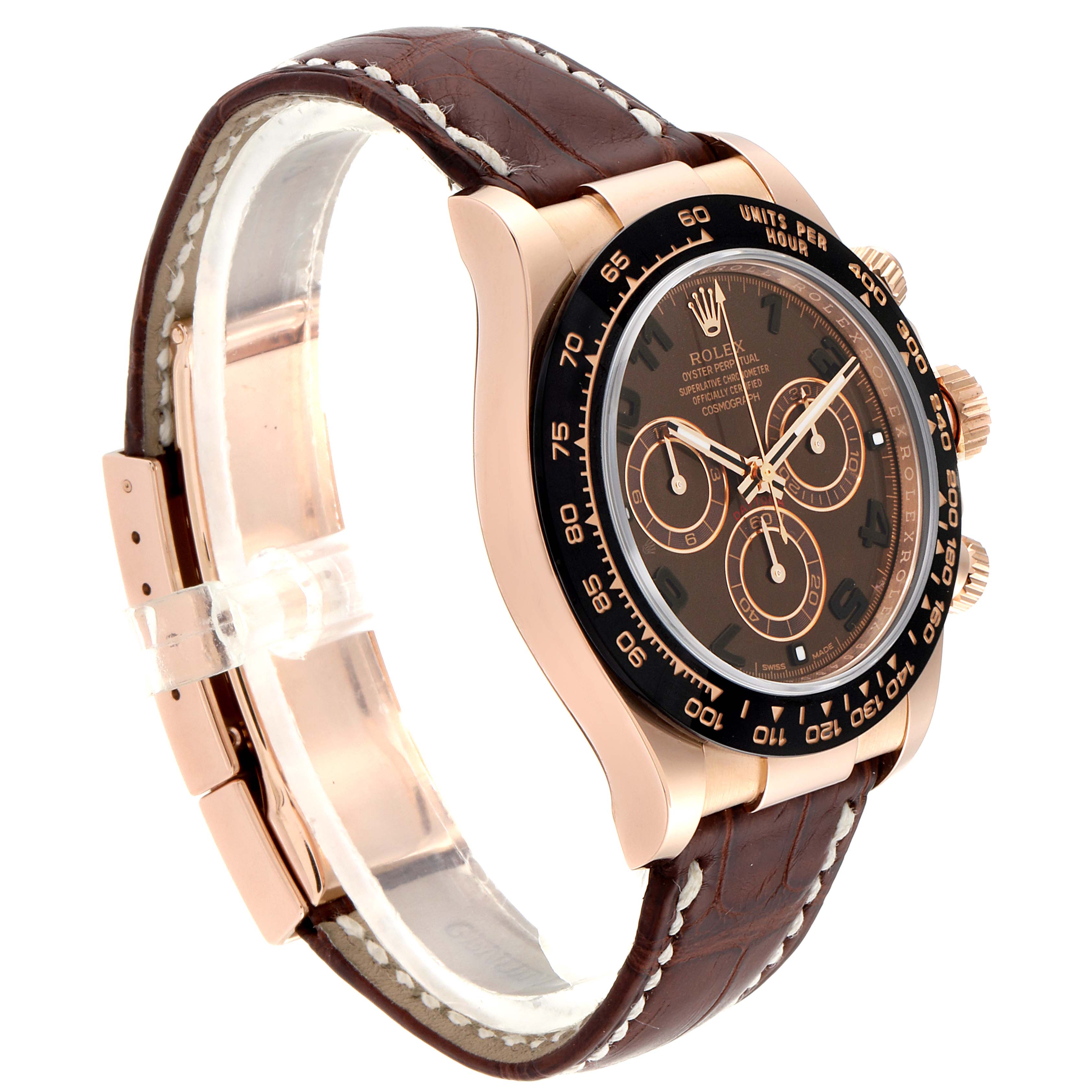 The image shows a side angle of the Rolex Daytona 116515LN Men's Rose Gold Brown Dial 116515LN Men's Rose Gold Brown Dial watch, highlighting its brown dial, bezel, and leather strap.