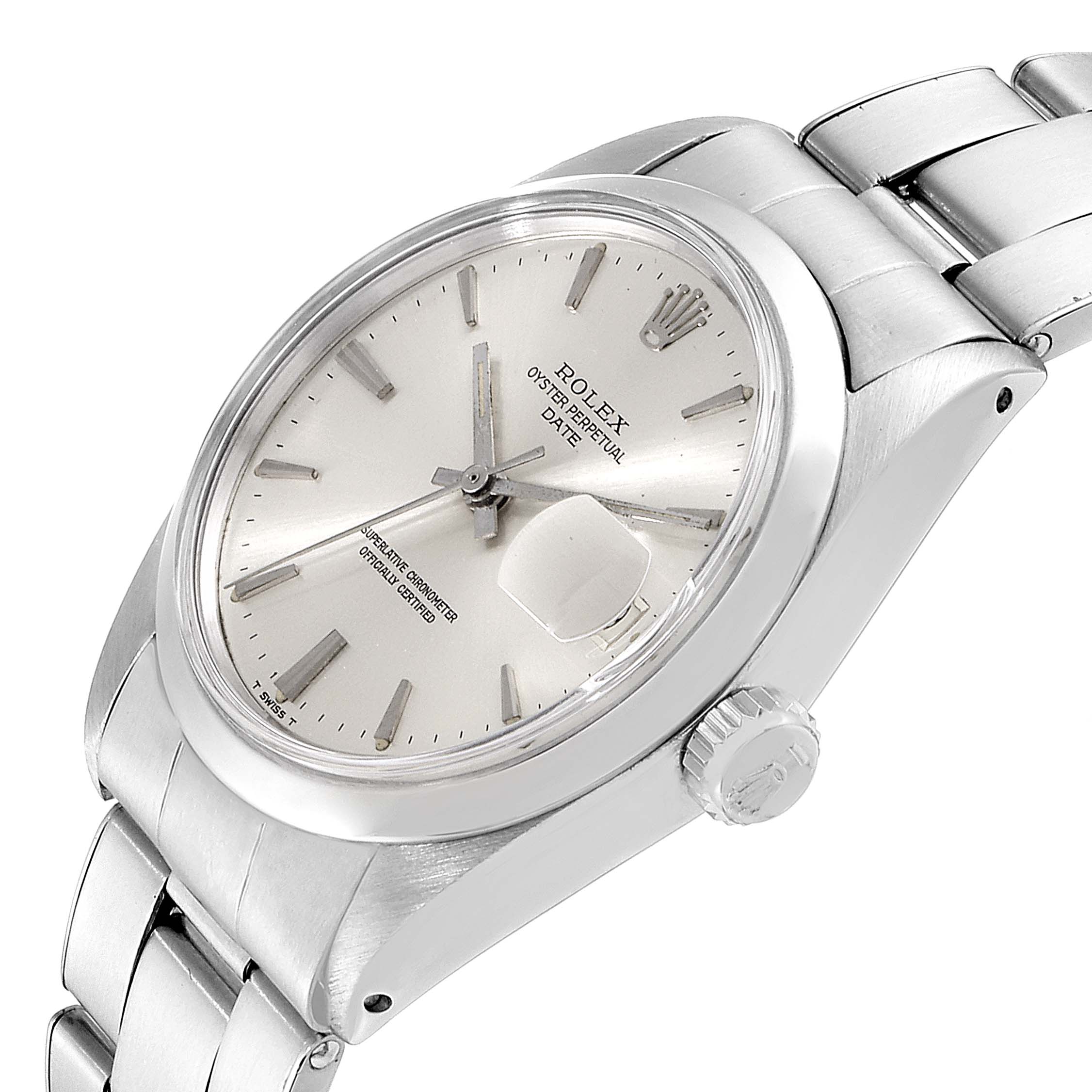 The Rolex Vintage Collection 1500 Men's Stainless Steel Silver Dial 1500 Men's Stainless Steel Silver Dial watch is shown at an angled side view, displaying the dial, bezel, crown, and bracelet.