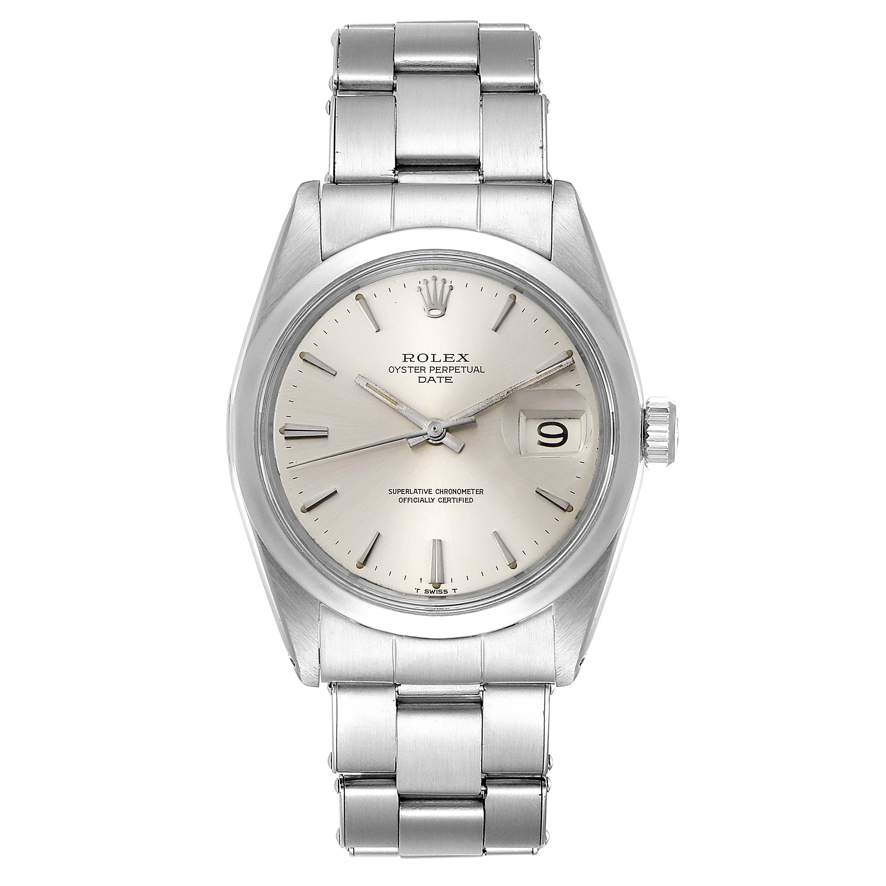 The image shows a front view of the Rolex Vintage Collection 1500 Men's Stainless Steel Silver Dial 1500 Men's Stainless Steel Silver Dial Oyster Perpetual Date watch, highlighting its dial, bezel, and bracelet.