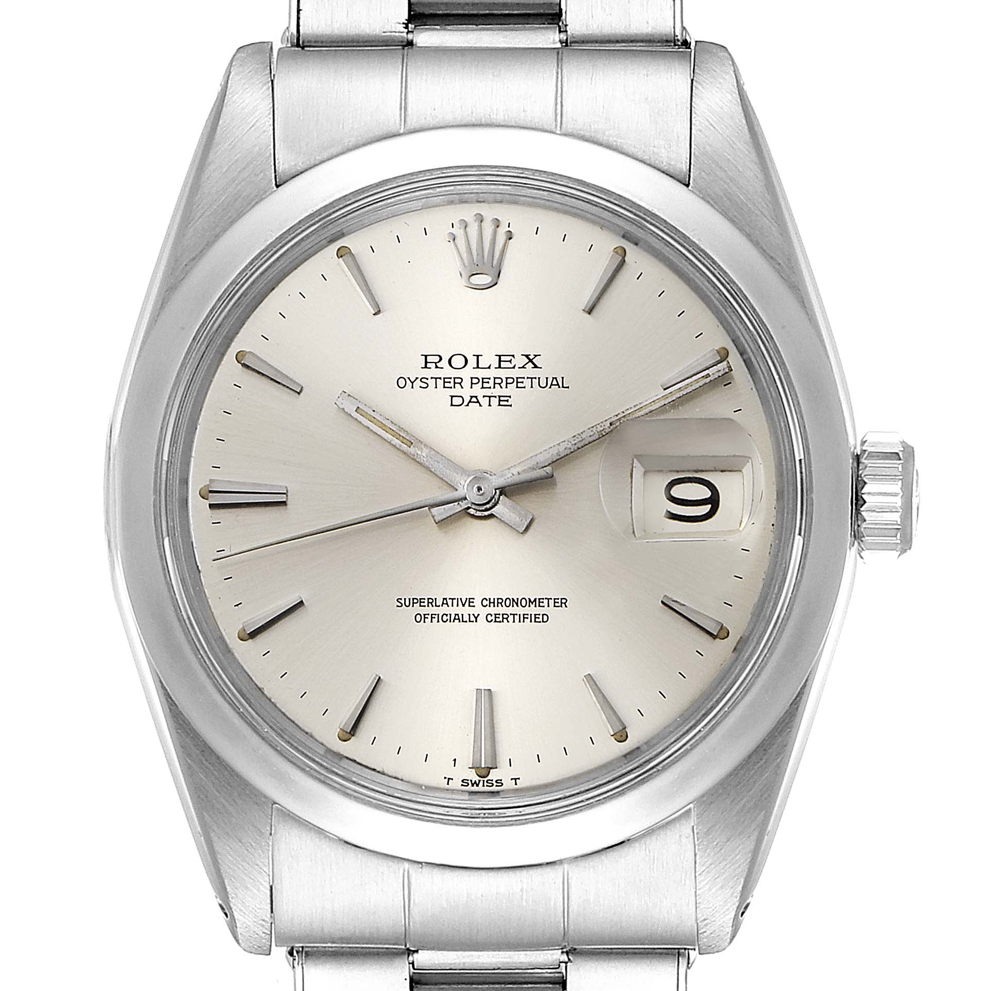 The image shows a front view of the Rolex Vintage Collection 1500 Men's Stainless Steel Silver Dial 1500 Men's Stainless Steel Silver Dial model, highlighting its dial, hands, date window, and part of its bracelet.
