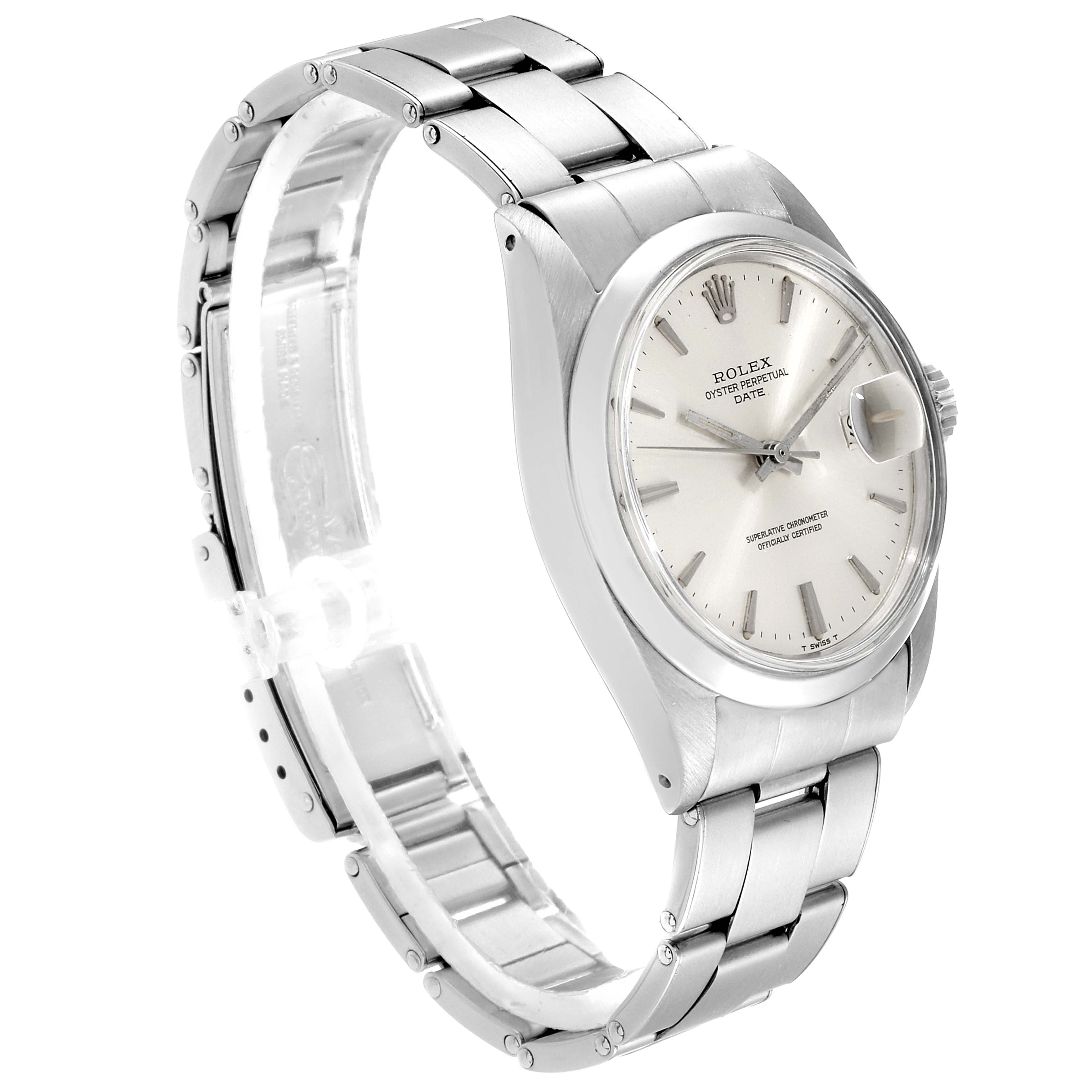 The Rolex Vintage Collection 1500 Men's Stainless Steel Silver Dial 1500 Men's Stainless Steel Silver Dial watch is shown from a three-quarter angle, displaying its face, case, and bracelet.
