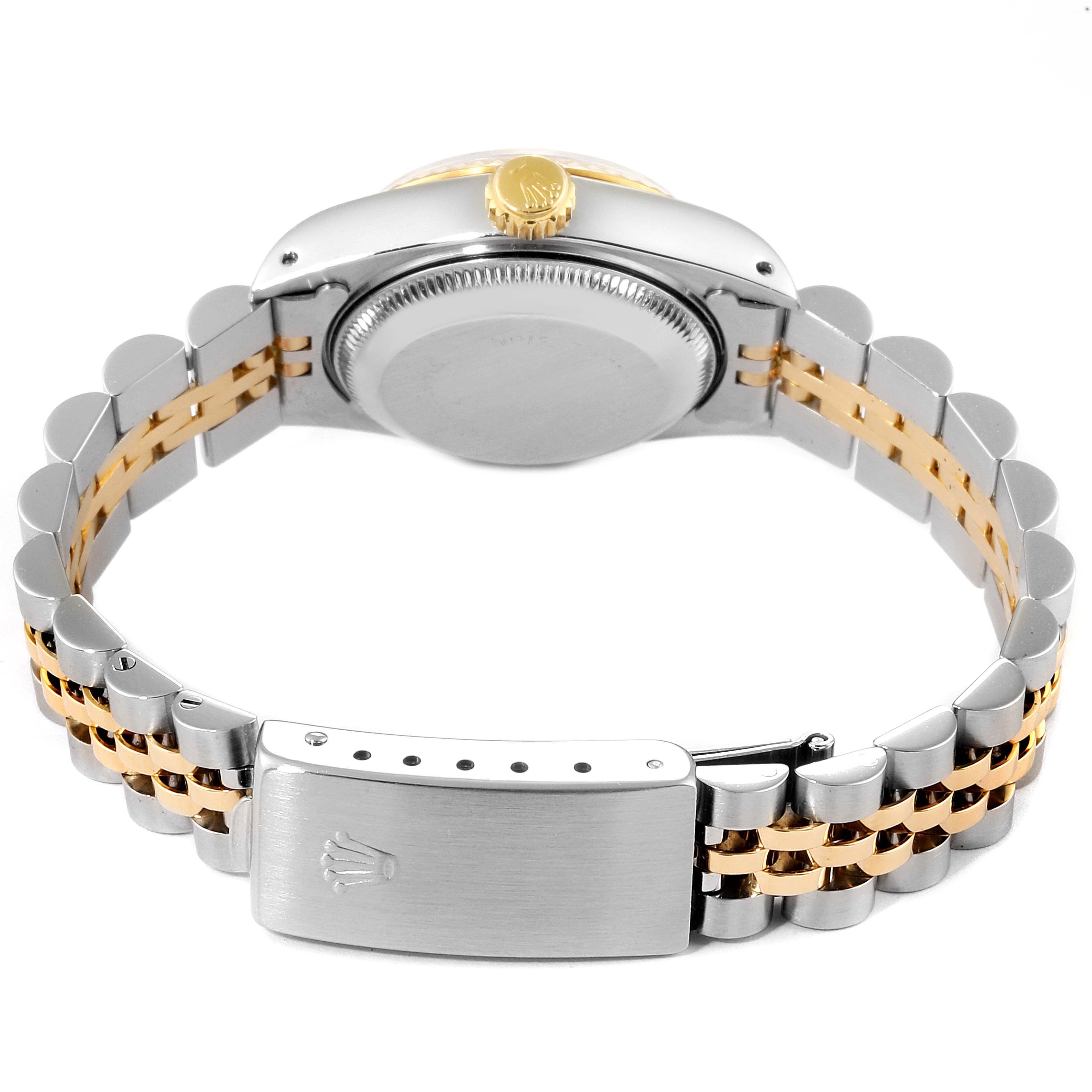 This image shows the back view of a Rolex Datejust 69173 Women's Steel and Gold (two tone) Champagne Dial 69173 Women's Steel and Gold (two tone) Champagne Dial watch, including the clasp, case back, crown, and two-tone bracelet.