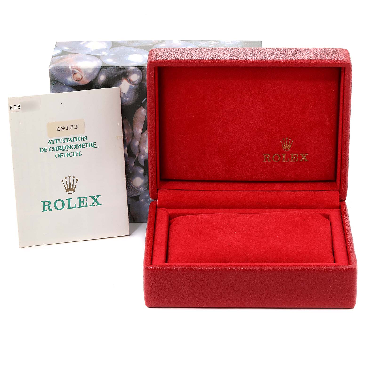 The image shows a red Rolex watch box with a certificate beside it, intended for the Datejust model.
