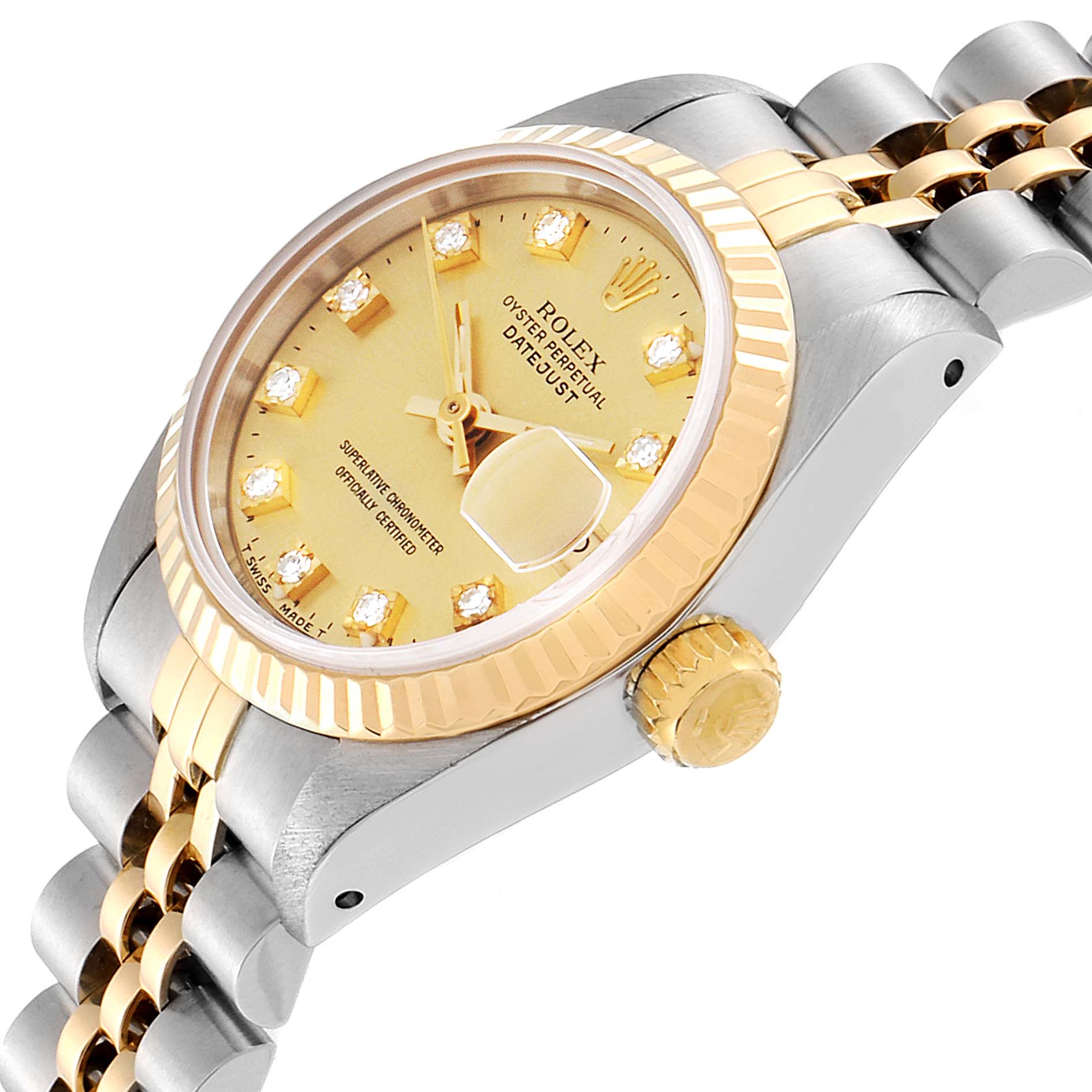 The image shows a side view of the Rolex Datejust 69173 Women's Steel and Gold (two tone) Champagne Dial 69173 Women's Steel and Gold (two tone) Champagne Dial watch, highlighting its dial, crown, and two-tone bracelet.