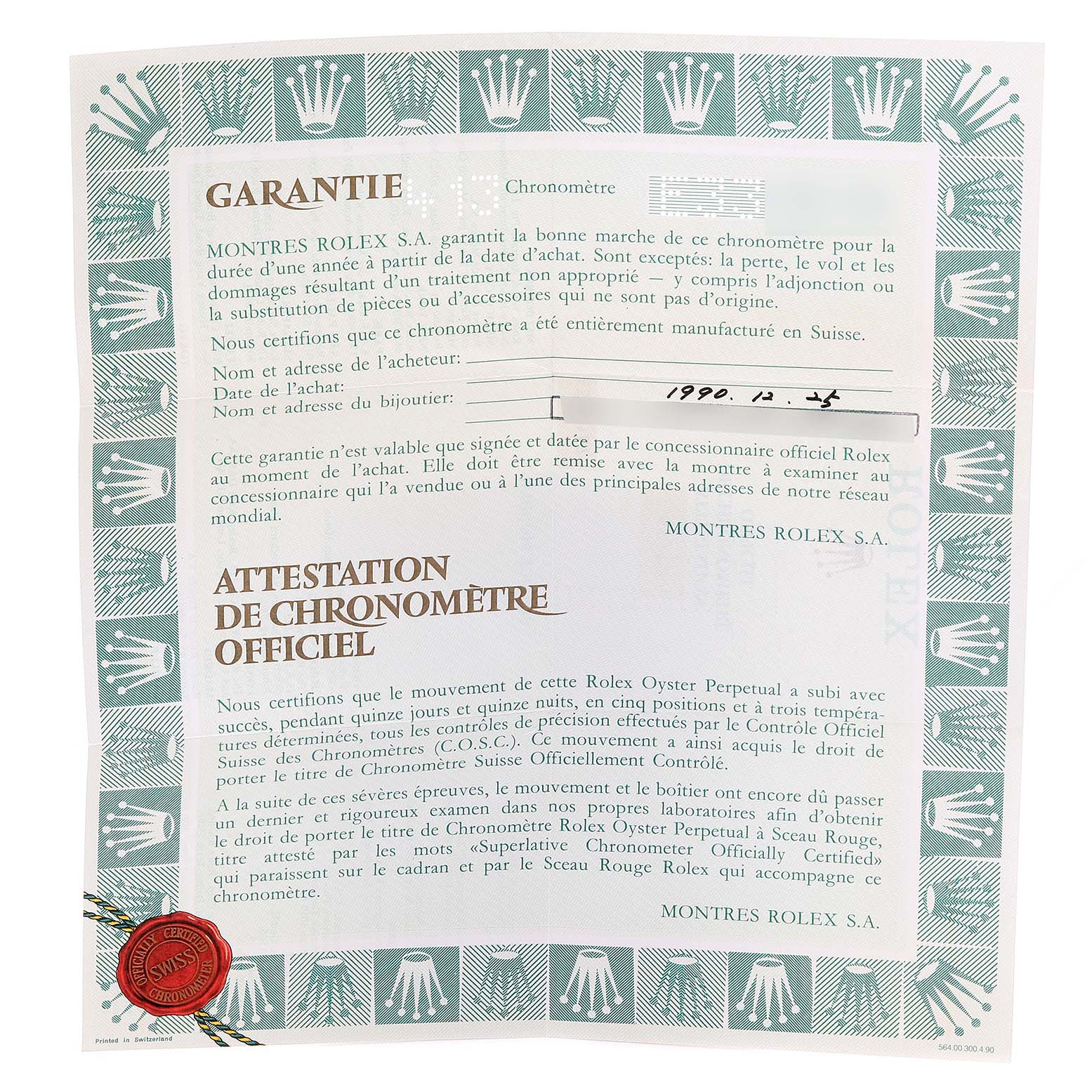 This image shows a warranty certificate for the Rolex Datejust 69173 Women's Steel and Gold (two tone) Champagne Dial 69173 Women's Steel and Gold (two tone) Champagne Dial model, detailing assurance of official chronometer status.