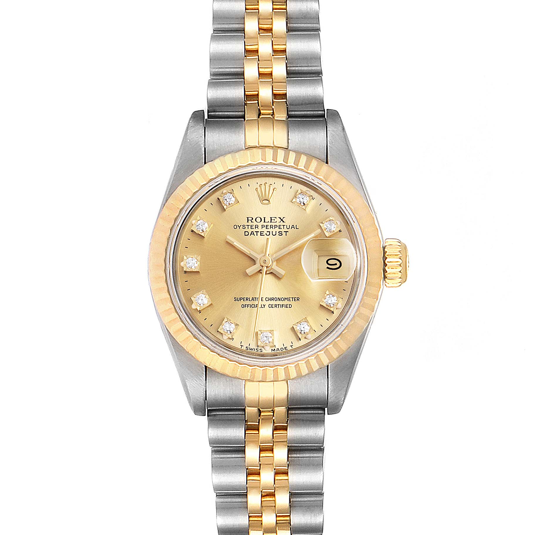 This image shows a Rolex Datejust 69173 Women's Steel and Gold (two tone) Champagne Dial 69173 Women's Steel and Gold (two tone) Champagne Dial watch from a top-down angle, highlighting its two-tone bracelet, gold dial, and date window.
