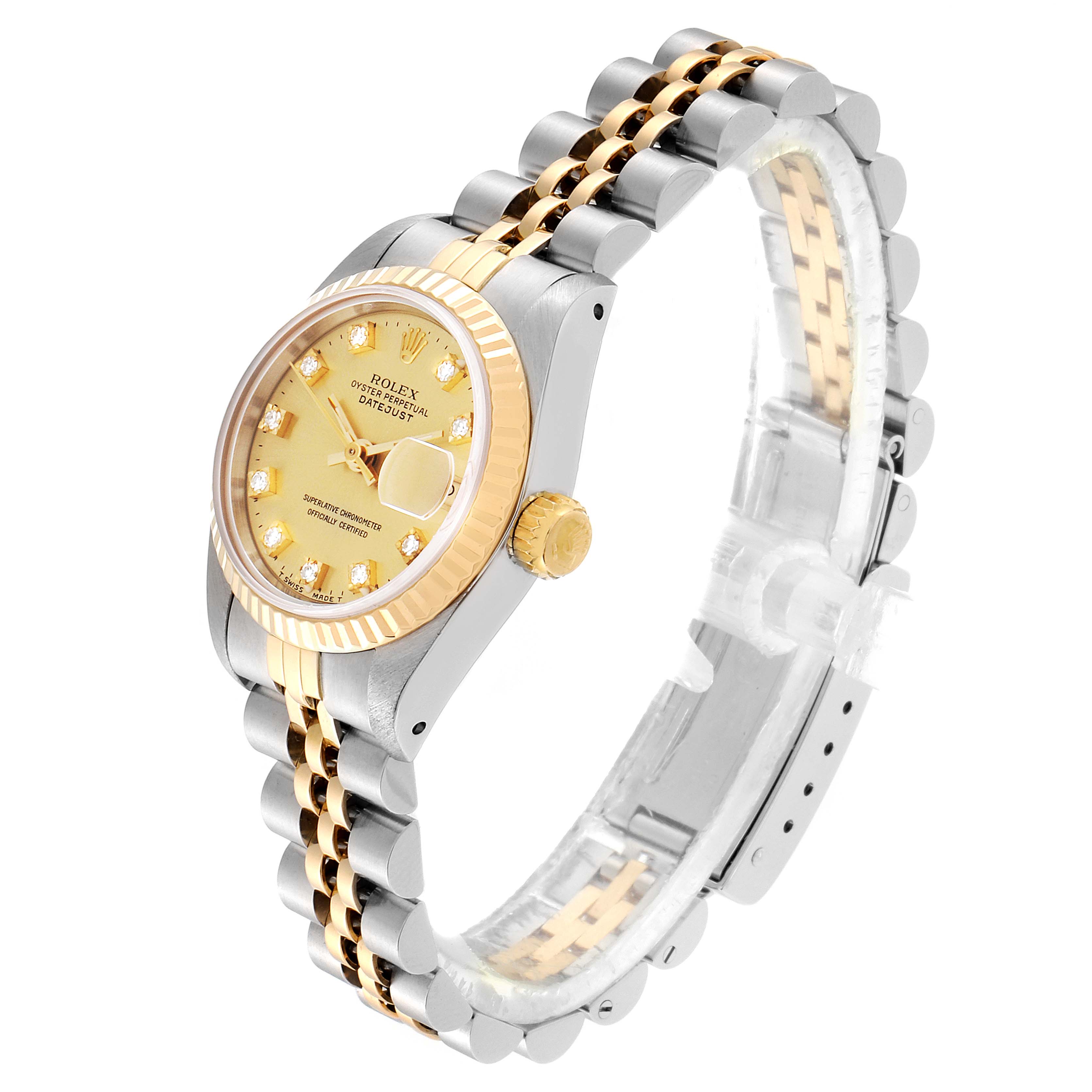 The Rolex Datejust 69173 Women's Steel and Gold (two tone) Champagne Dial 69173 Women's Steel and Gold (two tone) Champagne Dial watch is shown at a slight side angle, highlighting its dial, crown, and two-tone bracelet.