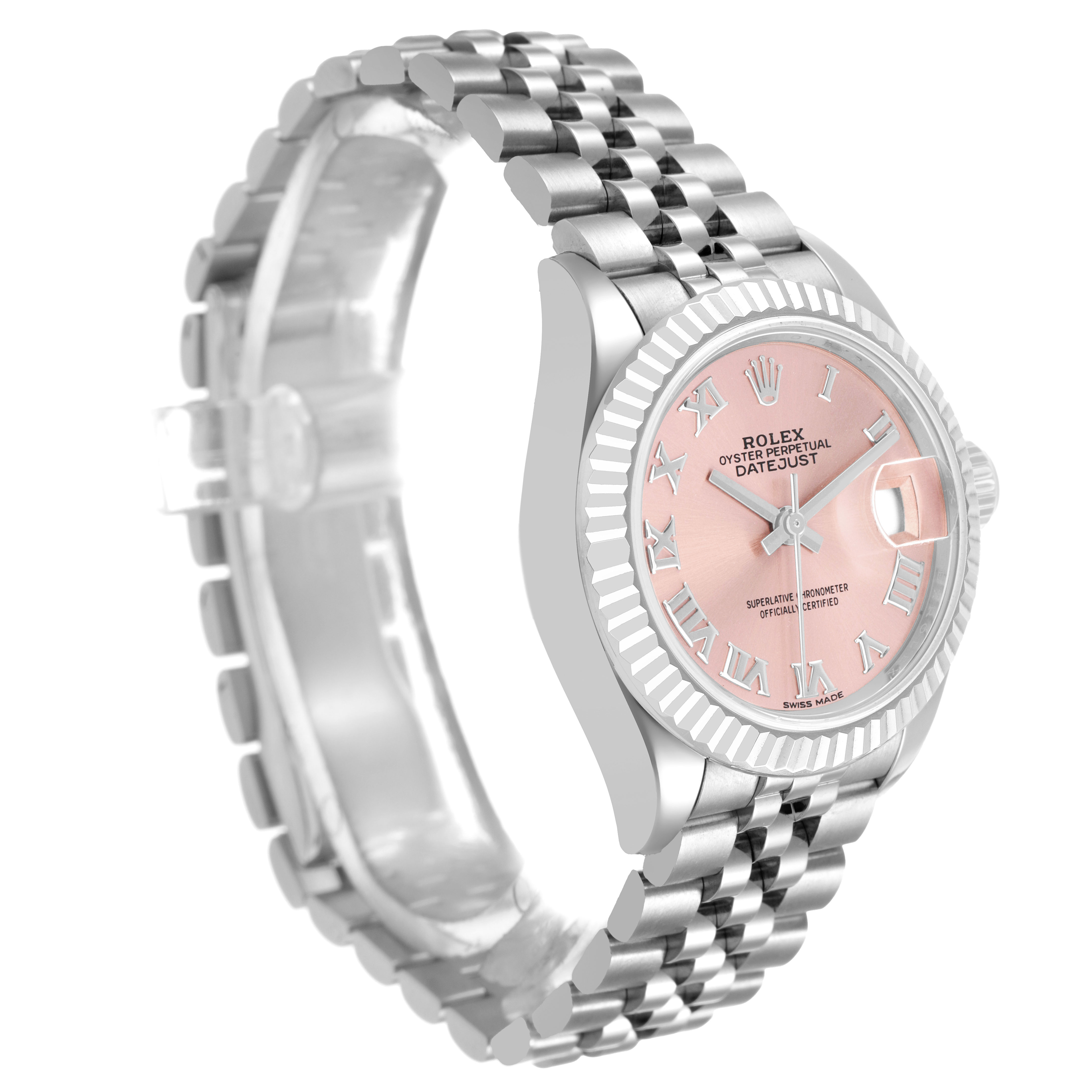 The Rolex Datejust 279174 Women's Stainless Steel Pink Dial watch is shown at a three-quarter angle, displaying the bracelet, case, bezel, and dial.