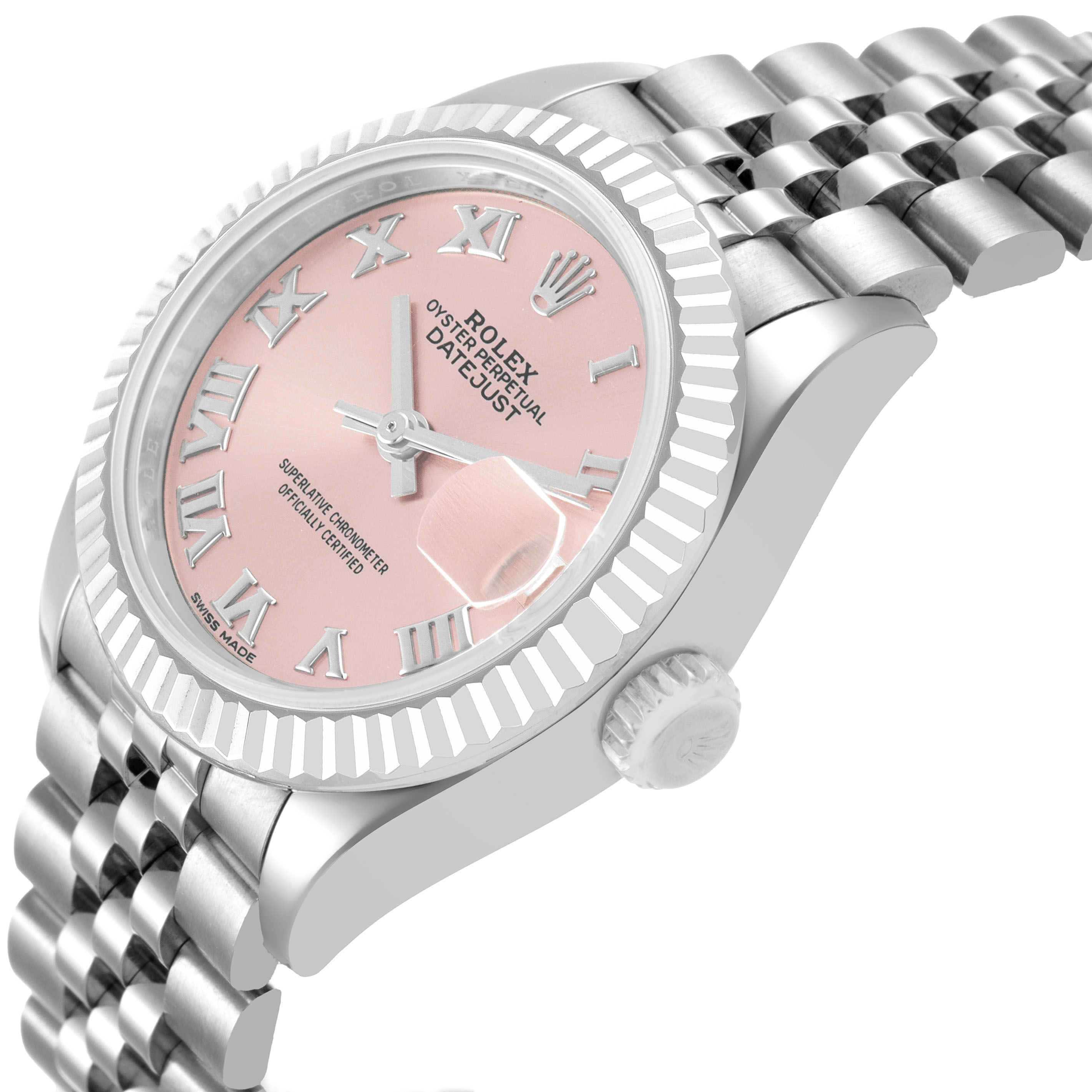 The Rolex Datejust 279174 Women's Stainless Steel Pink Dial watch is shown at an angled side view, highlighting the pink dial, Roman numerals, fluted bezel, and Jubilee bracelet.