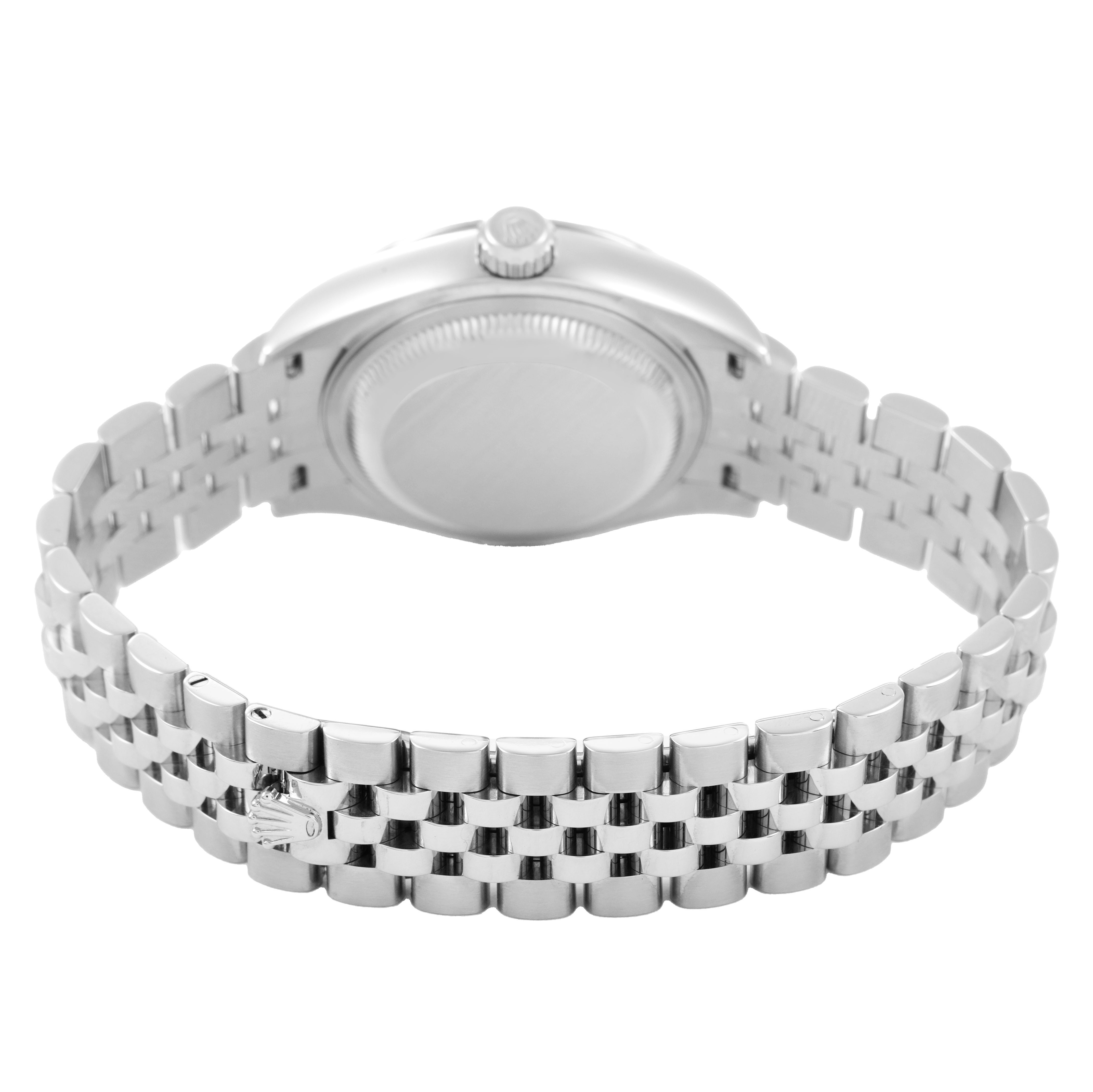 The image shows the back of a Rolex Datejust 279174 Women's Stainless Steel Pink Dial watch, highlighting the bracelet and case back.