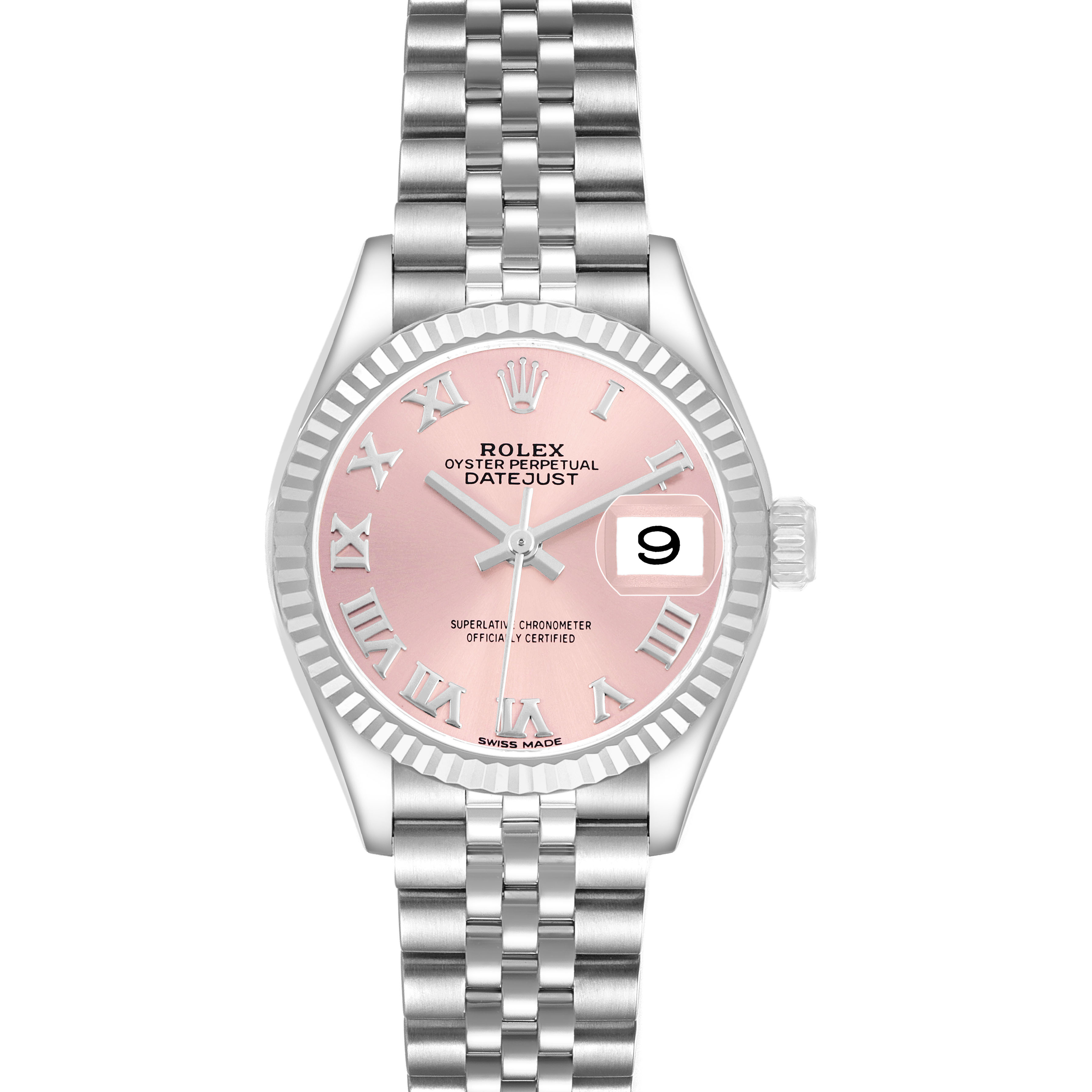The Rolex Datejust 279174 Women's Stainless Steel Pink Dial watch is shown from a top-down angle, highlighting its pink dial, fluted bezel, and Jubilee bracelet.