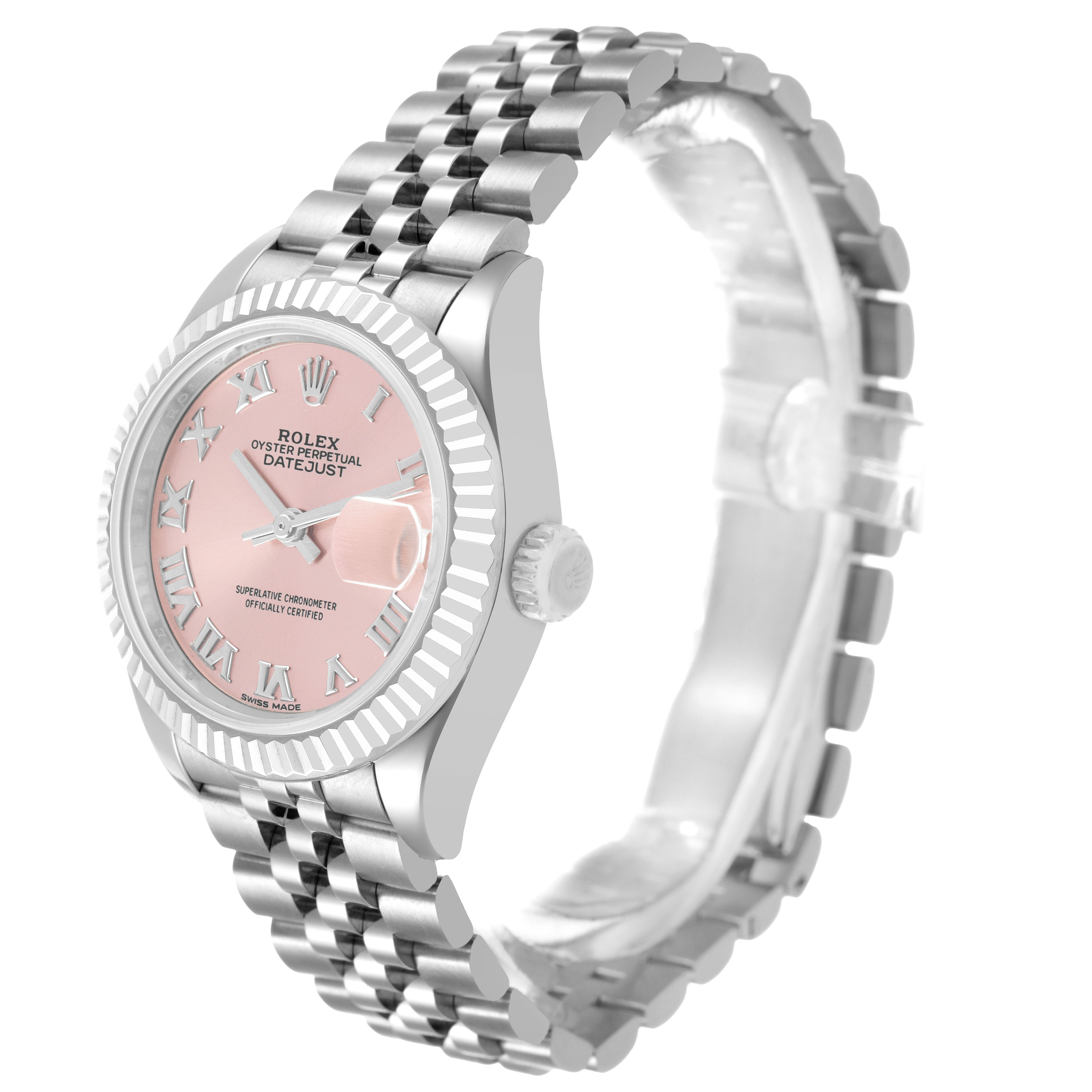 The Rolex Datejust 279174 Women's Stainless Steel Pink Dial watch is shown from a side angle, highlighting its fluted bezel, pink dial, Roman numerals, and Jubilee bracelet.