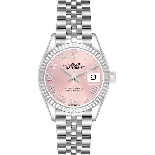 The Rolex Datejust 279174 Women's Stainless Steel Pink Dial watch is shown from the front, displaying the face, bezel, crown, and bracelet.