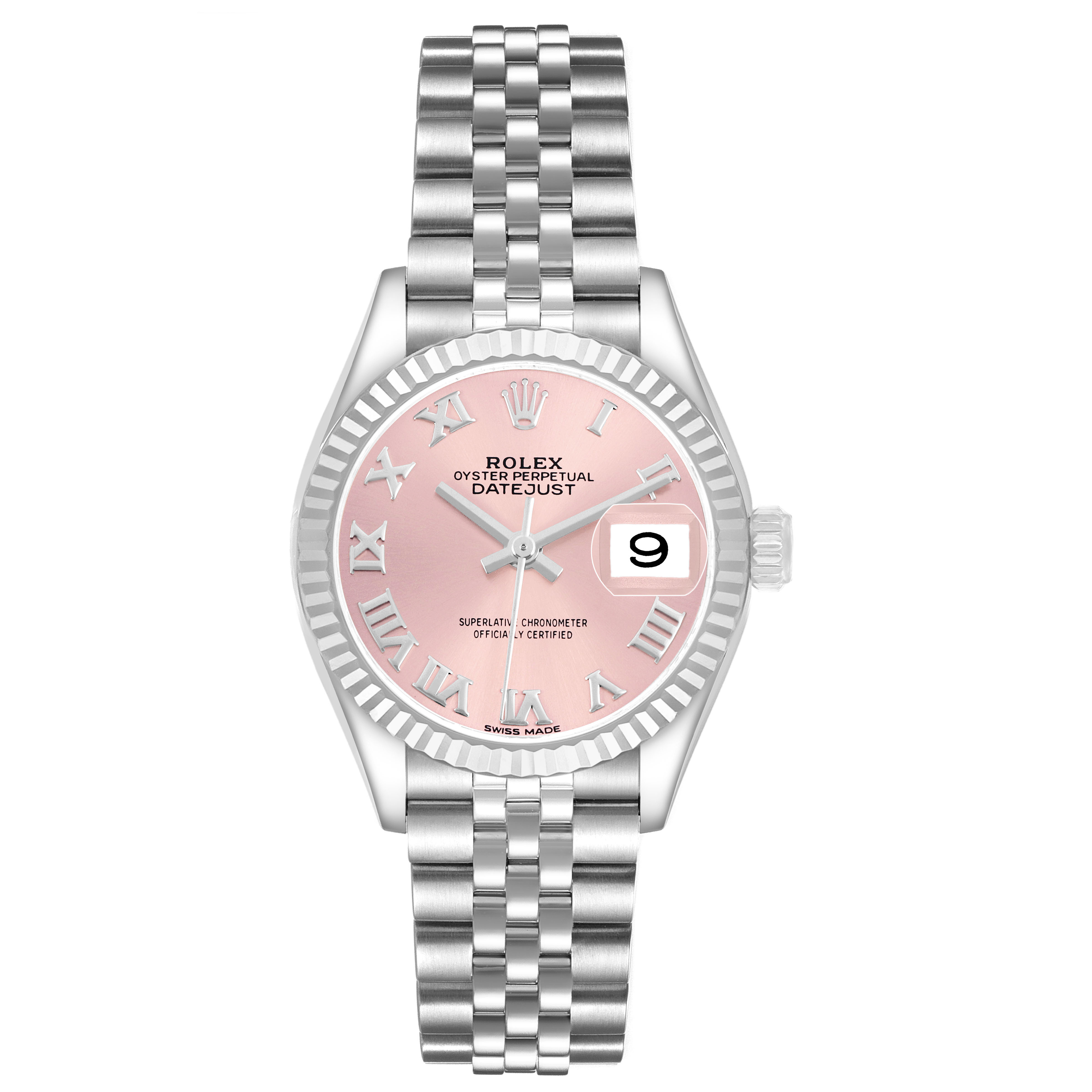 The Rolex Datejust 279174 Women's Stainless Steel Pink Dial is shown from the front, featuring its pink dial, fluted bezel, and Jubilee bracelet.