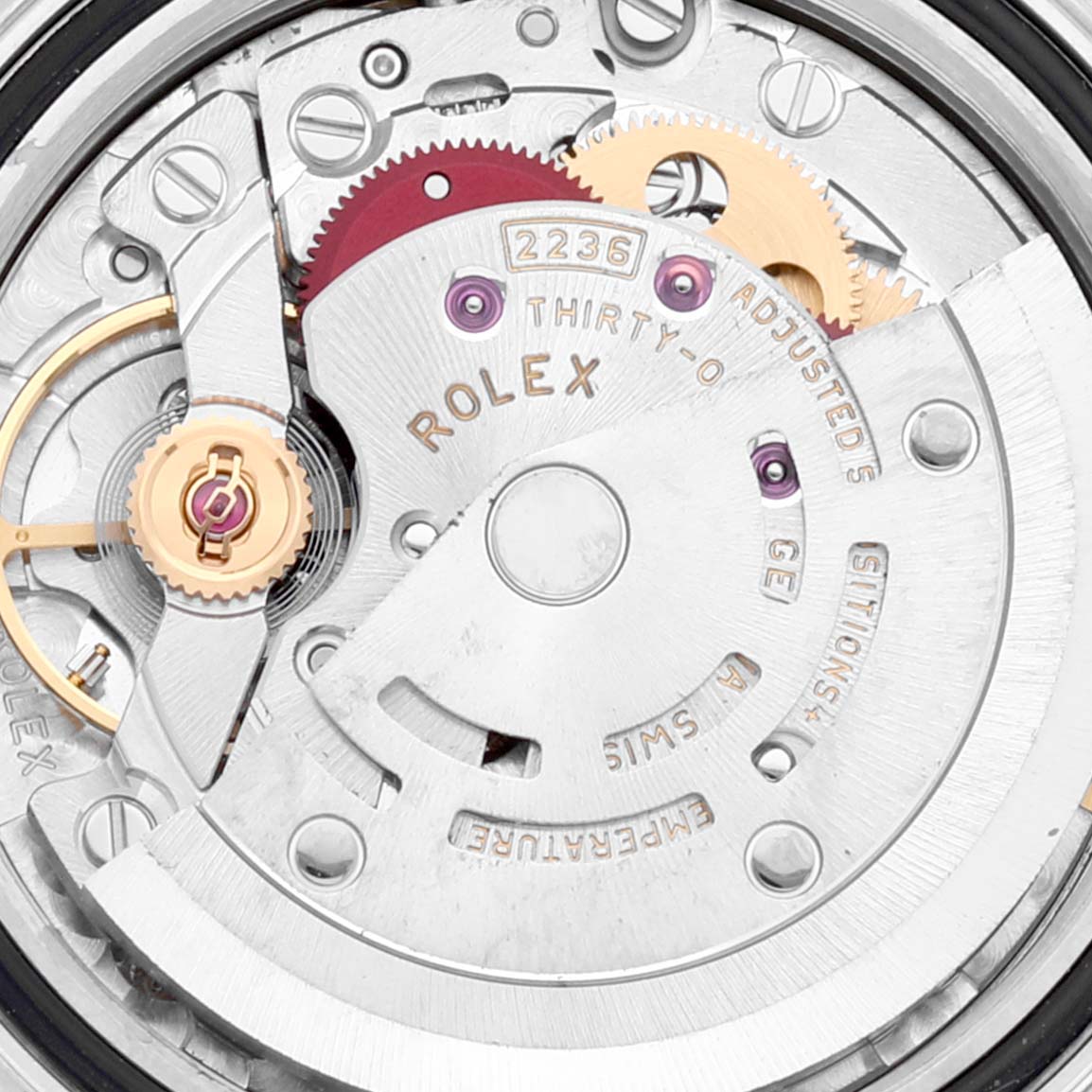 This image shows a close-up view of the movement mechanism of a Rolex Datejust 279173 Women's Stainless Steel Purple Dial 279173 Women's Stainless Steel Purple Dial watch.