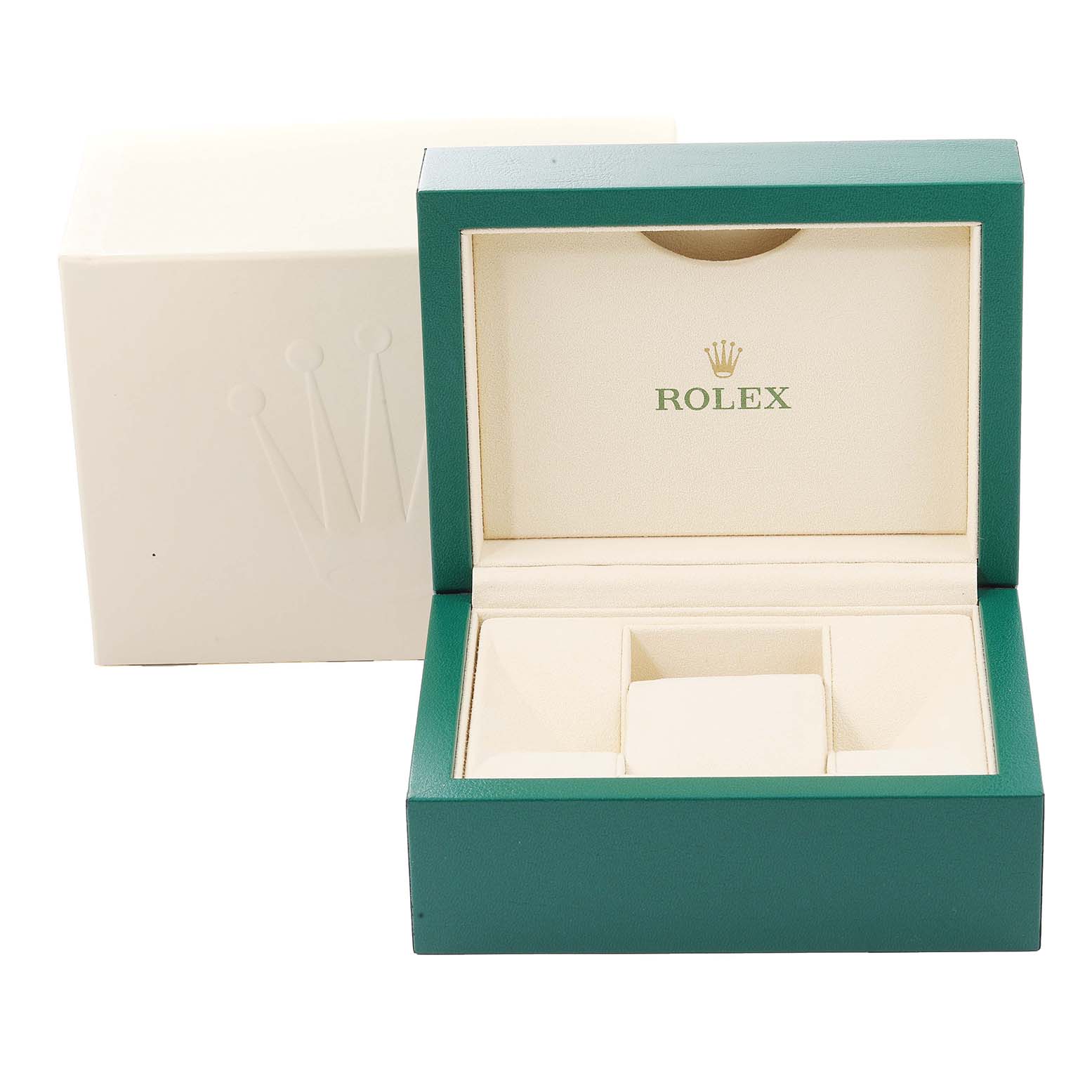 This image shows an open green Rolex Datejust 279173 Women's Stainless Steel Purple Dial 279173 Women's Stainless Steel Purple Dial watch box with cream-colored interior padding and a closed white outer box.