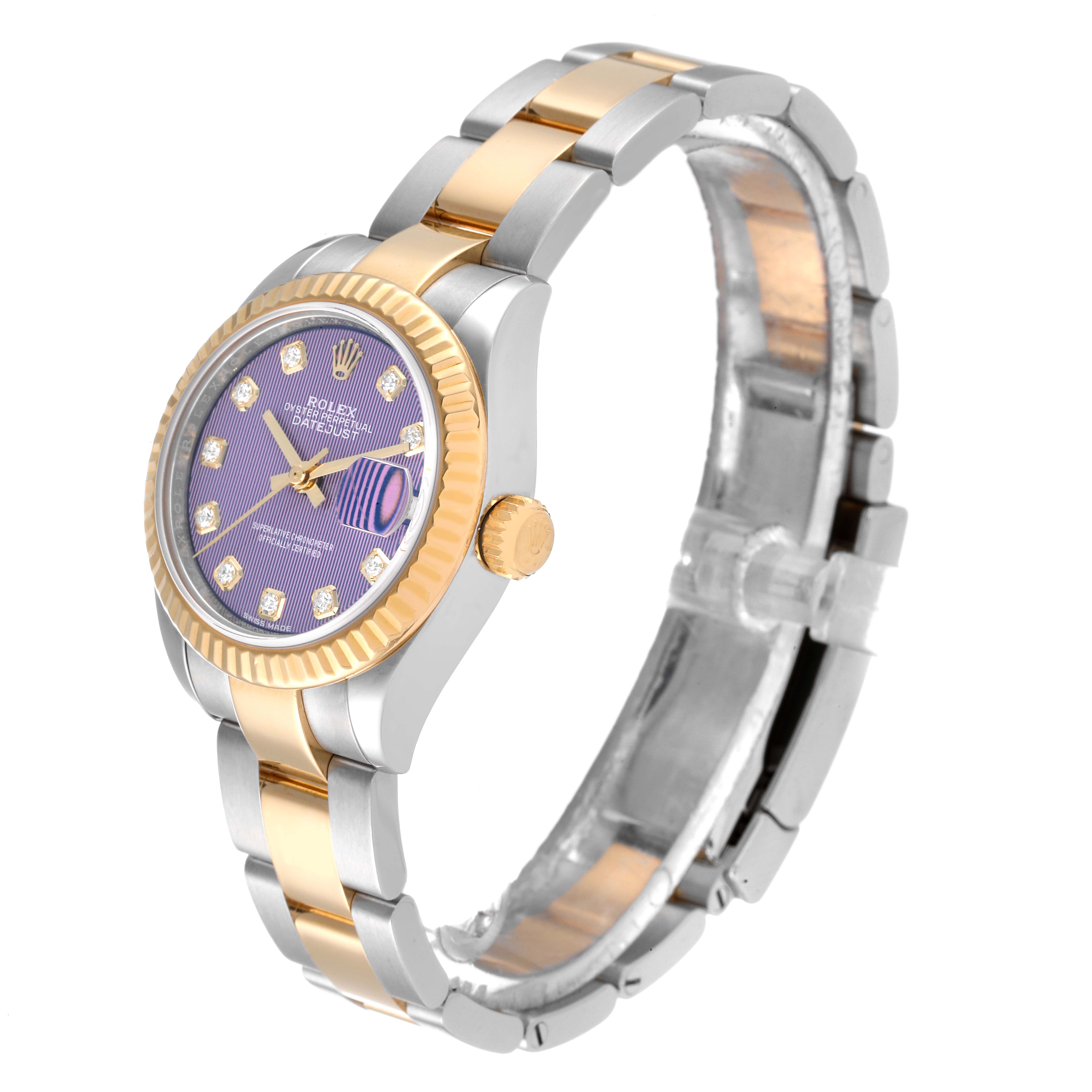 This Rolex Datejust 279173 Women's Stainless Steel Purple Dial 279173 Women's Stainless Steel Purple Dial watch is shown in a front-left angled view, highlighting its dial, crown, and two-tone bracelet.