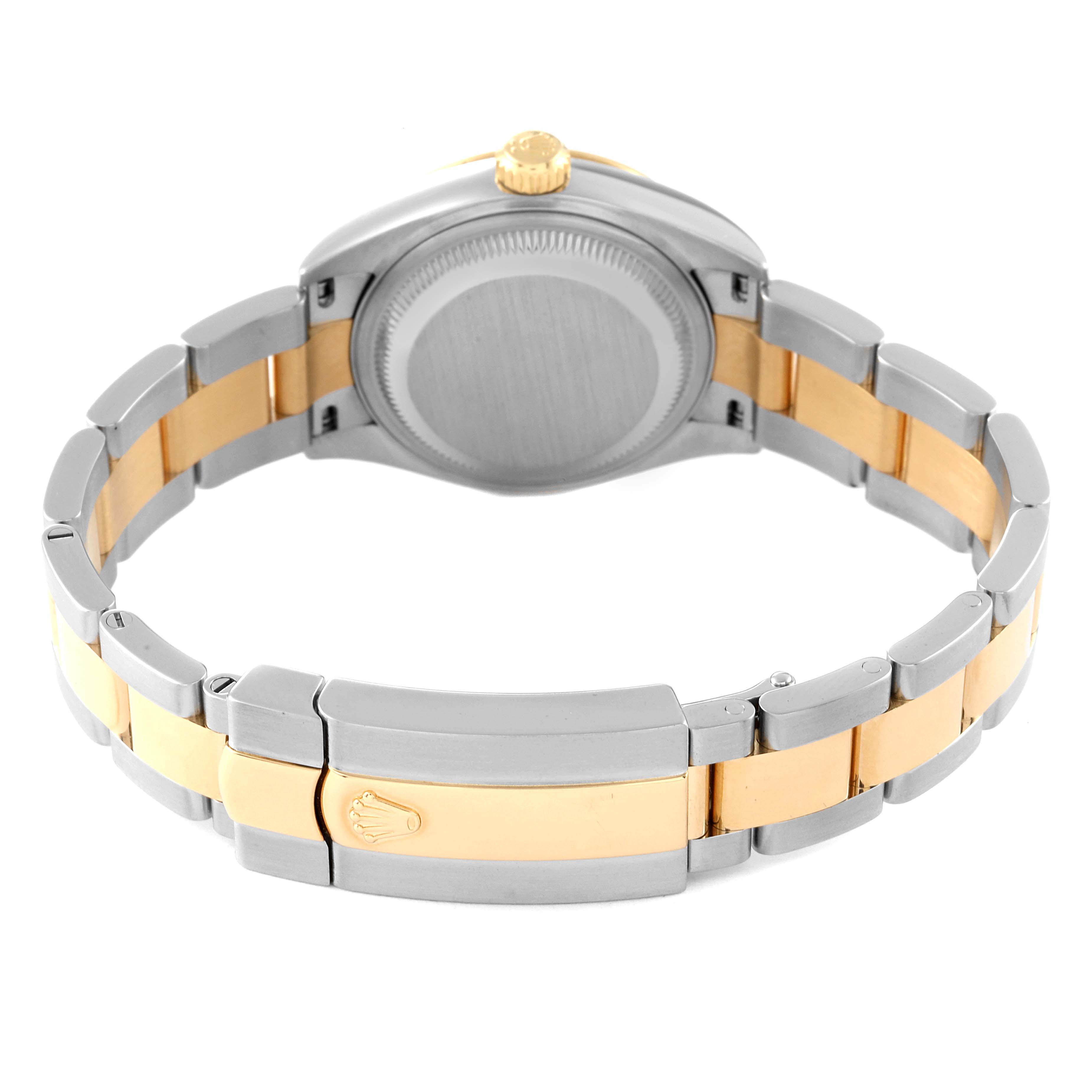 The image shows the back view of a Rolex Datejust 279173 Women's Stainless Steel Purple Dial 279173 Women's Stainless Steel Purple Dial watch, highlighting the two-tone bracelet and clasp.