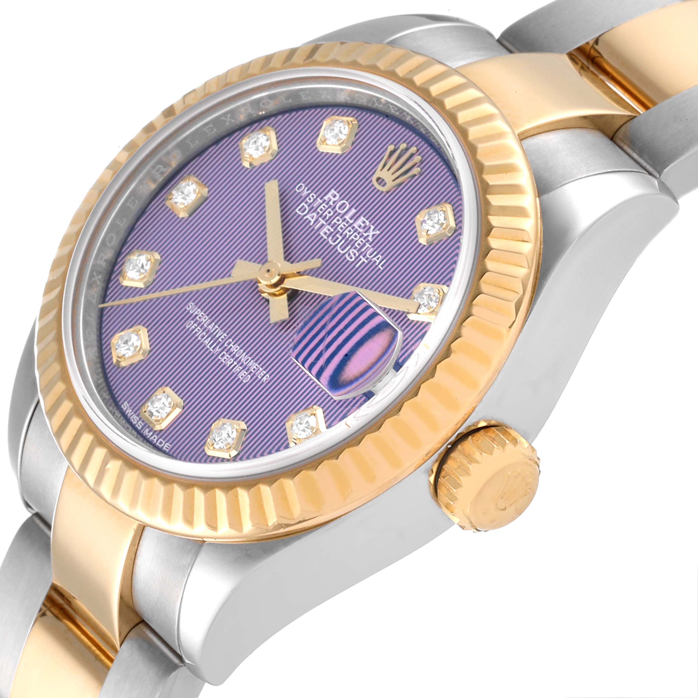 This image shows a close-up angle focusing on the dial, bezel, and part of the bracelet of the Rolex Datejust 279173 Women's Stainless Steel Purple Dial 279173 Women's Stainless Steel Purple Dial watch.