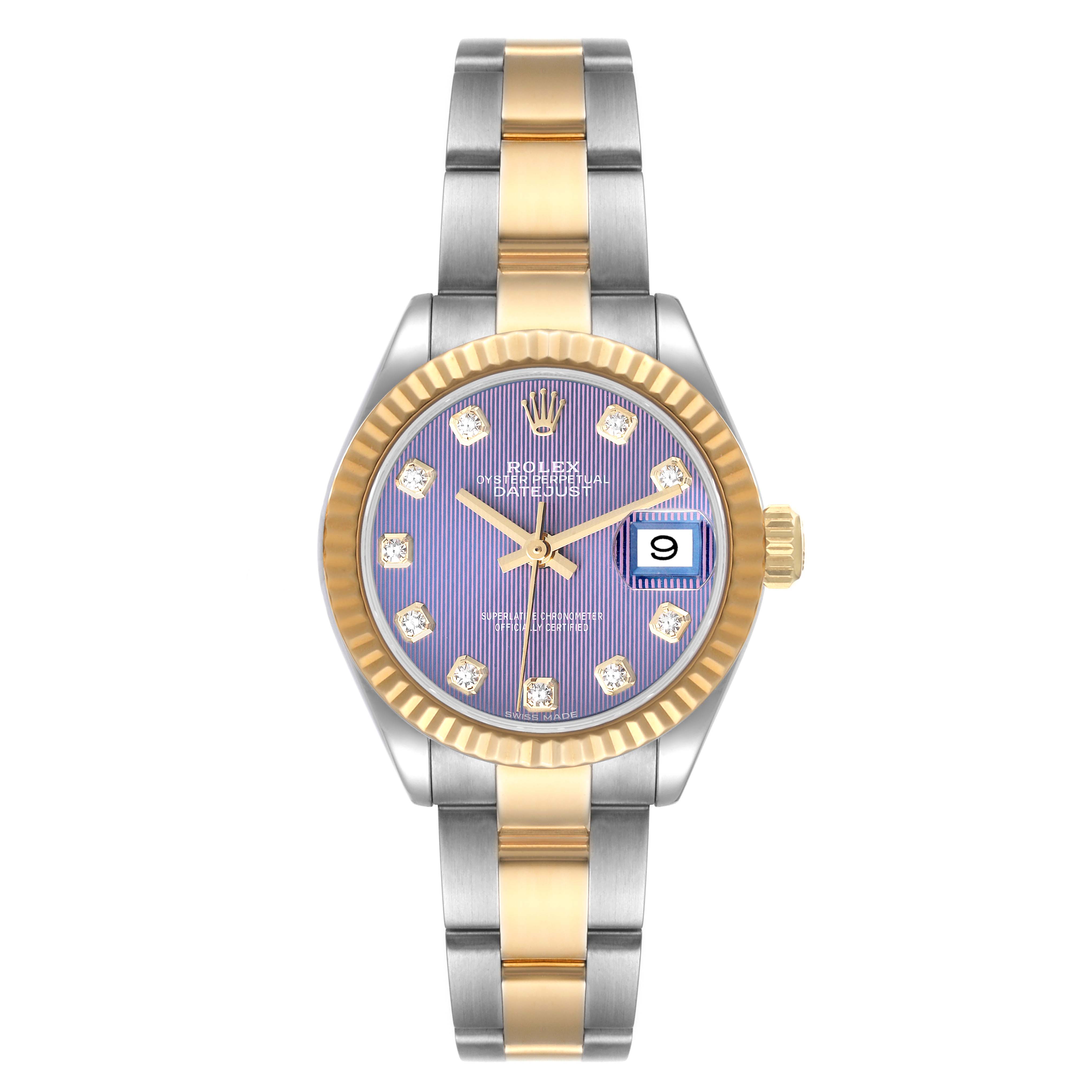 This is a front view of a Rolex Datejust 279173 Women's Stainless Steel Purple Dial 279173 Women's Stainless Steel Purple Dial watch, displaying its dial, fluted bezel, and two-tone bracelet.