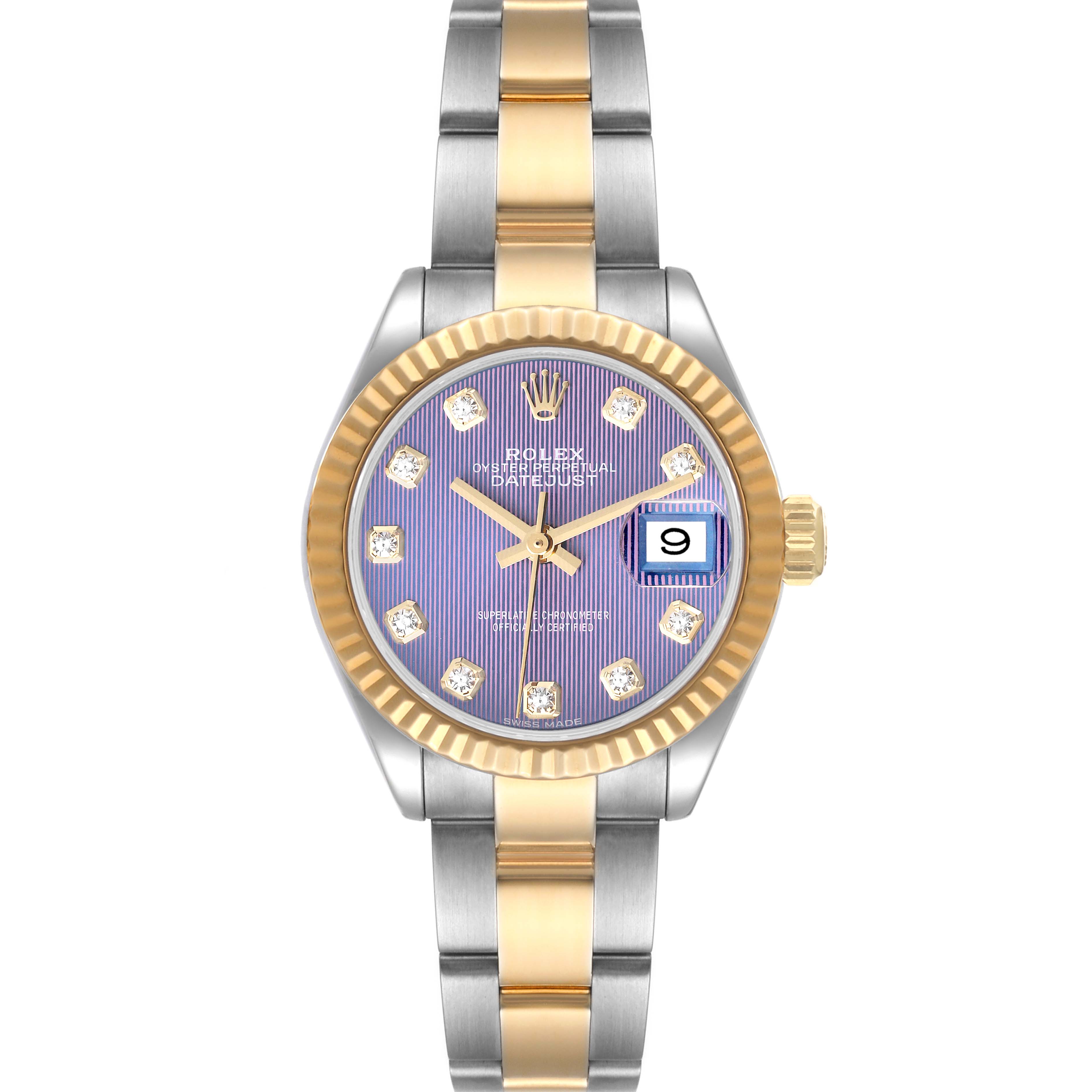 The image shows a Rolex Datejust 279173 Women's Stainless Steel Purple Dial 279173 Women's Stainless Steel Purple Dial watch, featuring a two-tone bracelet, fluted bezel, and a face with diamond hour markers.