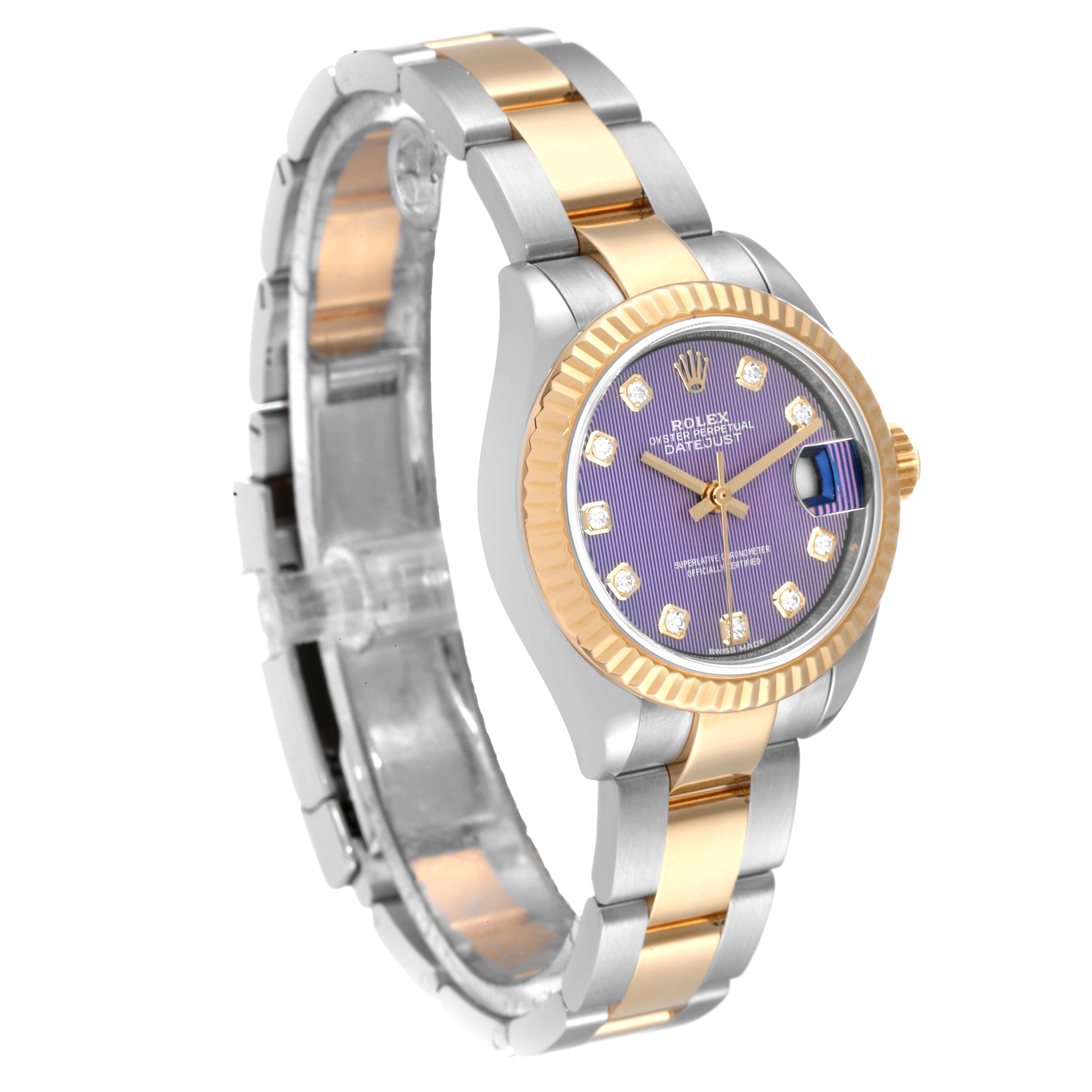The Rolex Datejust 279173 Women's Stainless Steel Purple Dial 279173 Women's Stainless Steel Purple Dial watch is shown at a slight angle, highlighting its dial, bezel, and two-tone bracelet.